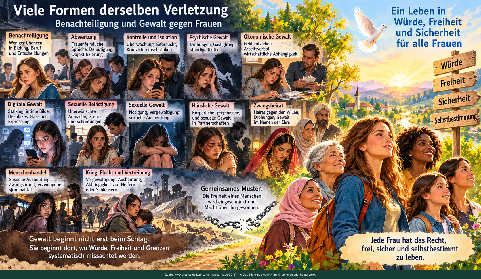 Bildfelder zeigen Benachteiligung, Kontrolle, Überwachung und Gewalt; rechts stehen Frauen selbstbestimmt Bildfelder zeigen Benachteiligung, Kontrolle, Überwachung und Gewalt; rechts stehen Frauen selbstbestimmt
