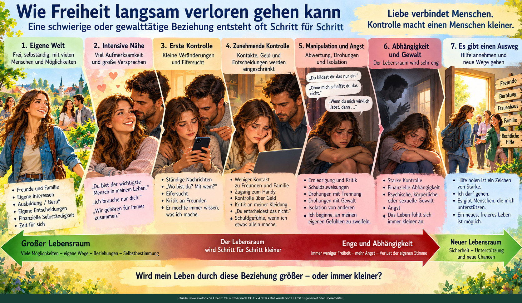 Eine weite Lebenslandschaft verengt sich über mehrere Kontrollsituationen; am Ende erscheint ein Zugang zu Hilfe Eine weite Lebenslandschaft verengt sich über mehrere Kontrollsituationen; am Ende erscheint ein Zugang zu Hilfe