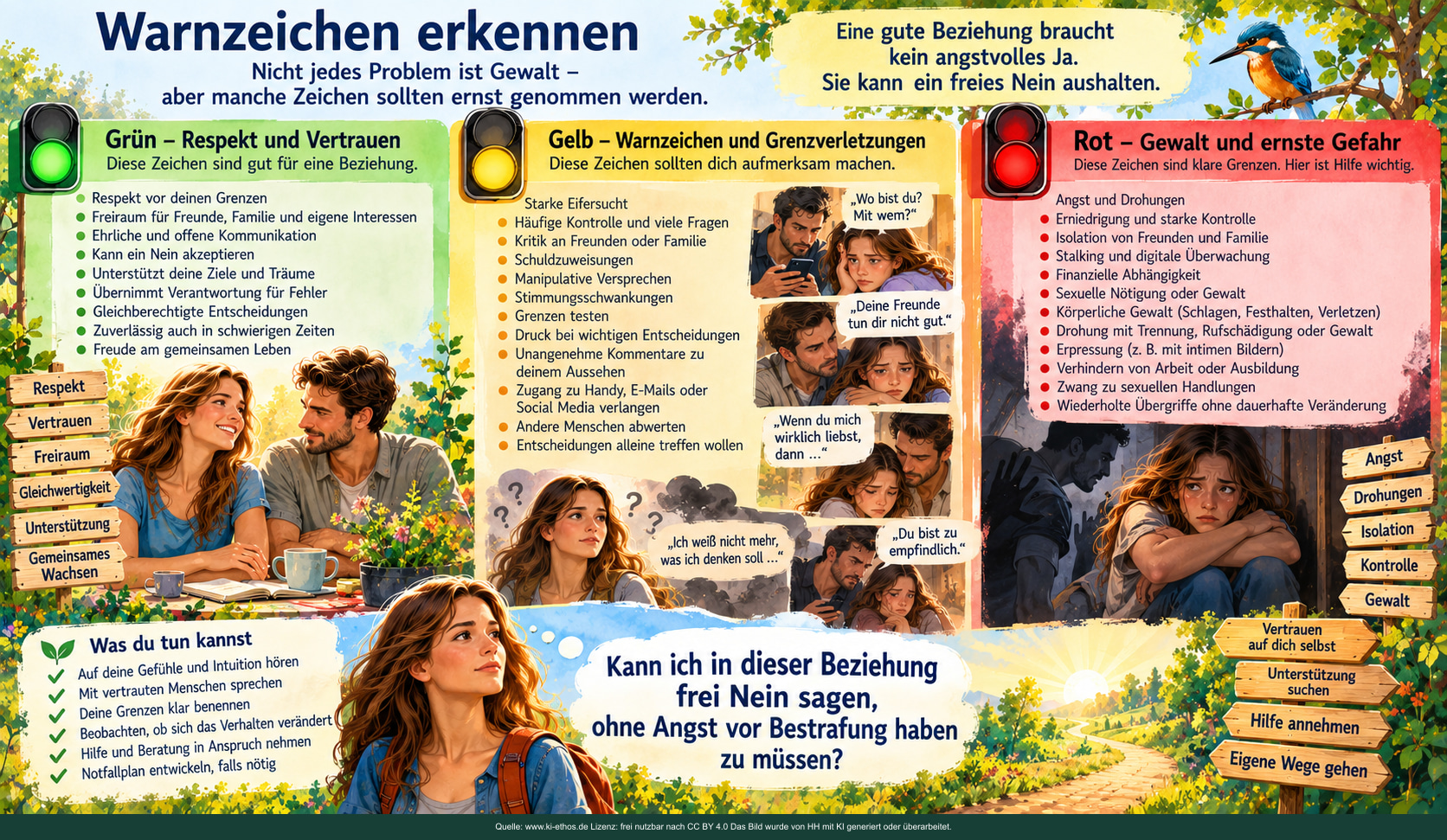 Eine Beziehungsampel ordnet respektvolles Verhalten, Warnzeichen und Übergriffe in drei Farbbereiche ein Eine Beziehungsampel ordnet respektvolles Verhalten, Warnzeichen und Übergriffe in drei Farbbereiche ein