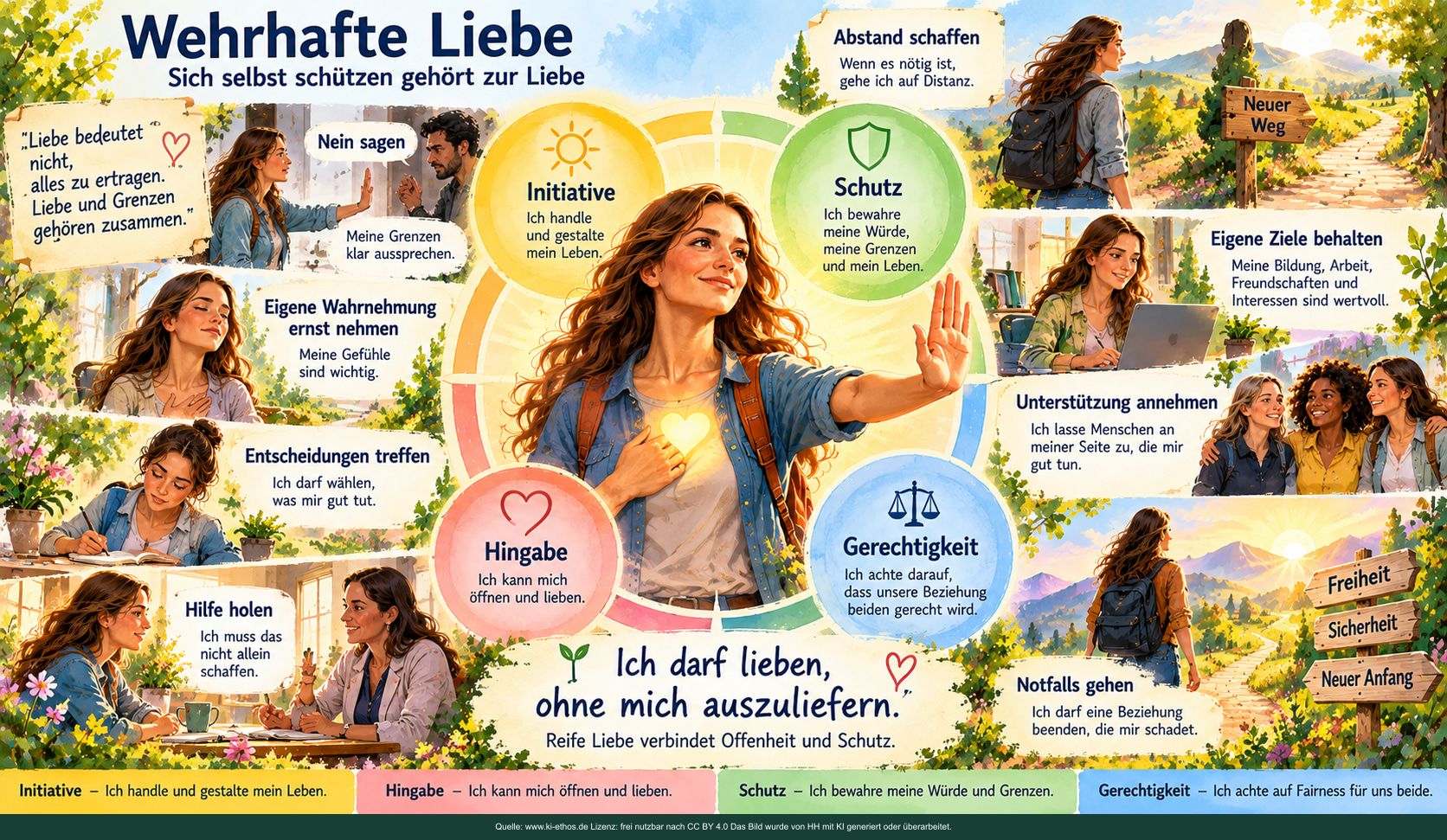 Eine Frau steht zwischen Initiative, Schutz, Hingabe und Gerechtigkeit; kleine Szenen zeigen Grenzen und Unterstützung Eine Frau steht zwischen Initiative, Schutz, Hingabe und Gerechtigkeit; kleine Szenen zeigen Grenzen und Unterstützung