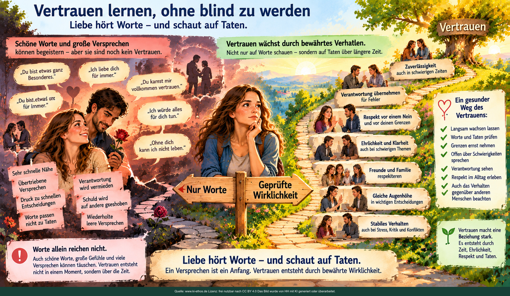 Links schweben große Versprechen; rechts bilden verlässliche Handlungen einen tragfähigen Weg und einen Baum Links schweben große Versprechen; rechts bilden verlässliche Handlungen einen tragfähigen Weg und einen Baum