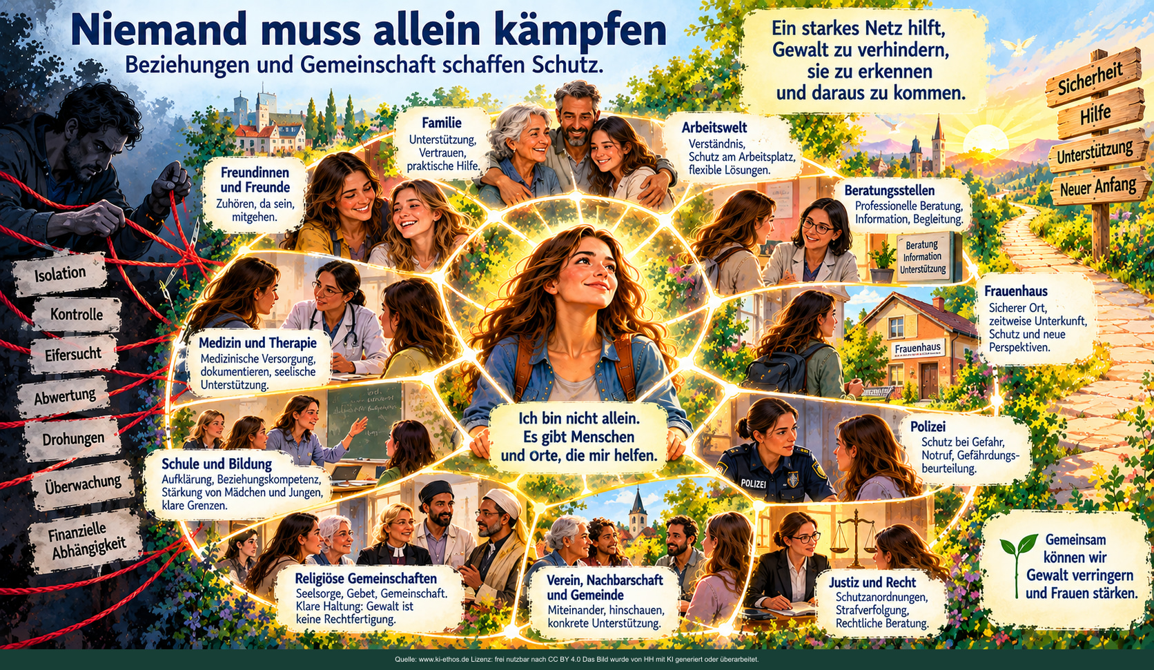 Menschen und Einrichtungen bilden ein Schutznetz um eine Frau; am Rand werden Verbindungen bedroht Menschen und Einrichtungen bilden ein Schutznetz um eine Frau; am Rand werden Verbindungen bedroht