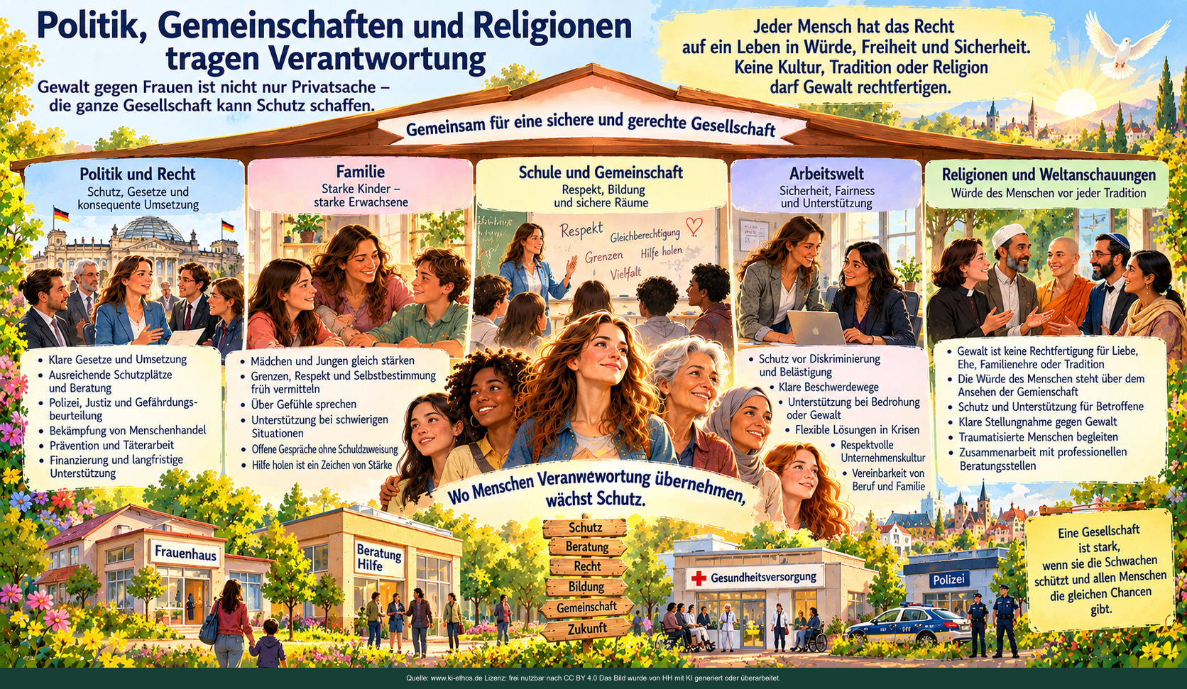 Fünf gesellschaftliche Bereiche bilden ein schützendes Dach über Frauen verschiedener Generationen Fünf gesellschaftliche Bereiche bilden ein schützendes Dach über Frauen verschiedener Generationen