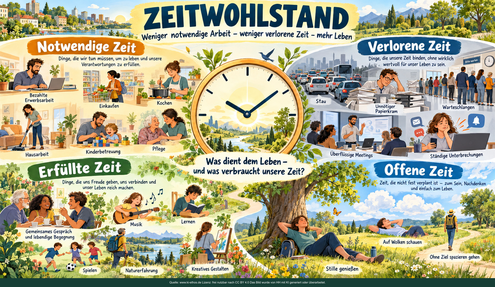 Vier Zeitqualitäten um eine Uhr: notwendige Arbeit, vermeidbare Zeitverluste, erfüllte Begegnungen und offene Zeit für Muße. Vier Zeitqualitäten um eine Uhr: notwendige Arbeit, vermeidbare Zeitverluste, erfüllte Begegnungen und offene Zeit für Muße.