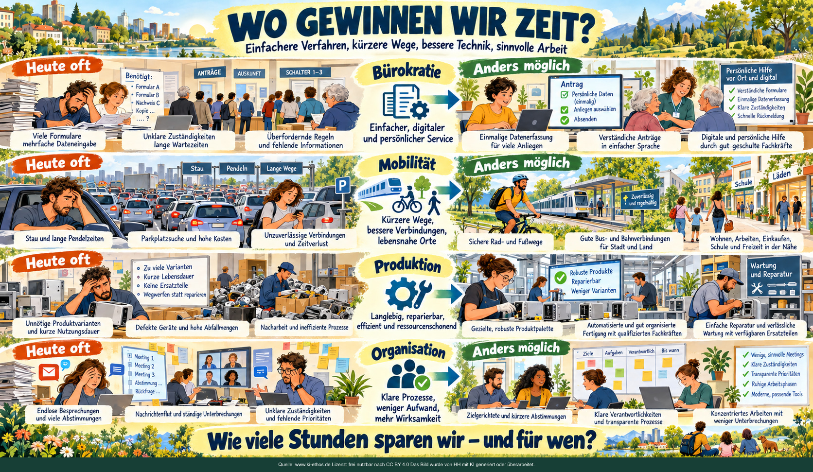 Vier Bereiche zeigen Möglichkeiten zum Zeitgewinn: einfachere Verwaltung, kürzere Wege, langlebige Produkte und klarere Organisation. Vier Bereiche zeigen Möglichkeiten zum Zeitgewinn: einfachere Verwaltung, kürzere Wege, langlebige Produkte und klarere Organisation.