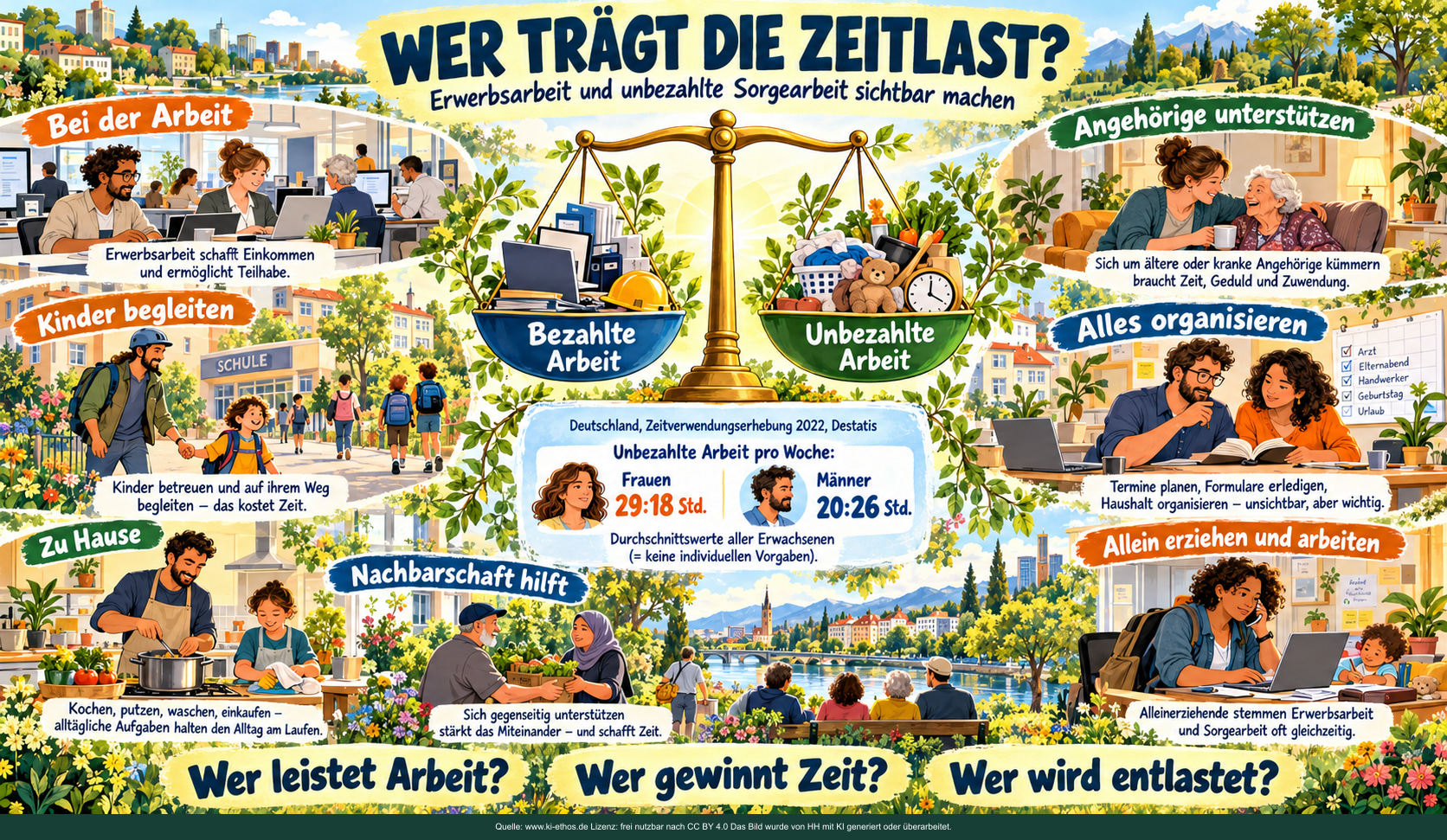 Eine Waage verbindet Erwerbsarbeit und unbezahlte Arbeit; Alltagsszenen und Destatis-Durchschnittswerte zeigen ungleich verteilte Zeitlasten. Eine Waage verbindet Erwerbsarbeit und unbezahlte Arbeit; Alltagsszenen und Destatis-Durchschnittswerte zeigen ungleich verteilte Zeitlasten.