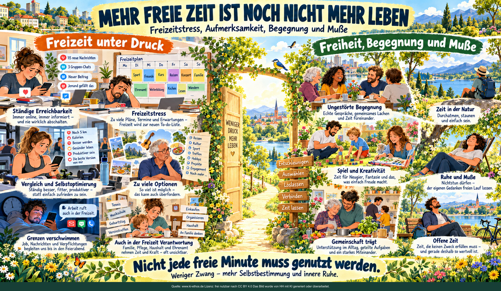 Freizeit unter Termin- und Vergleichsdruck steht Begegnung, Spiel, Unterstützung, Naturerfahrung und zweckfreier Muße gegenüber. Freizeit unter Termin- und Vergleichsdruck steht Begegnung, Spiel, Unterstützung, Naturerfahrung und zweckfreier Muße gegenüber.