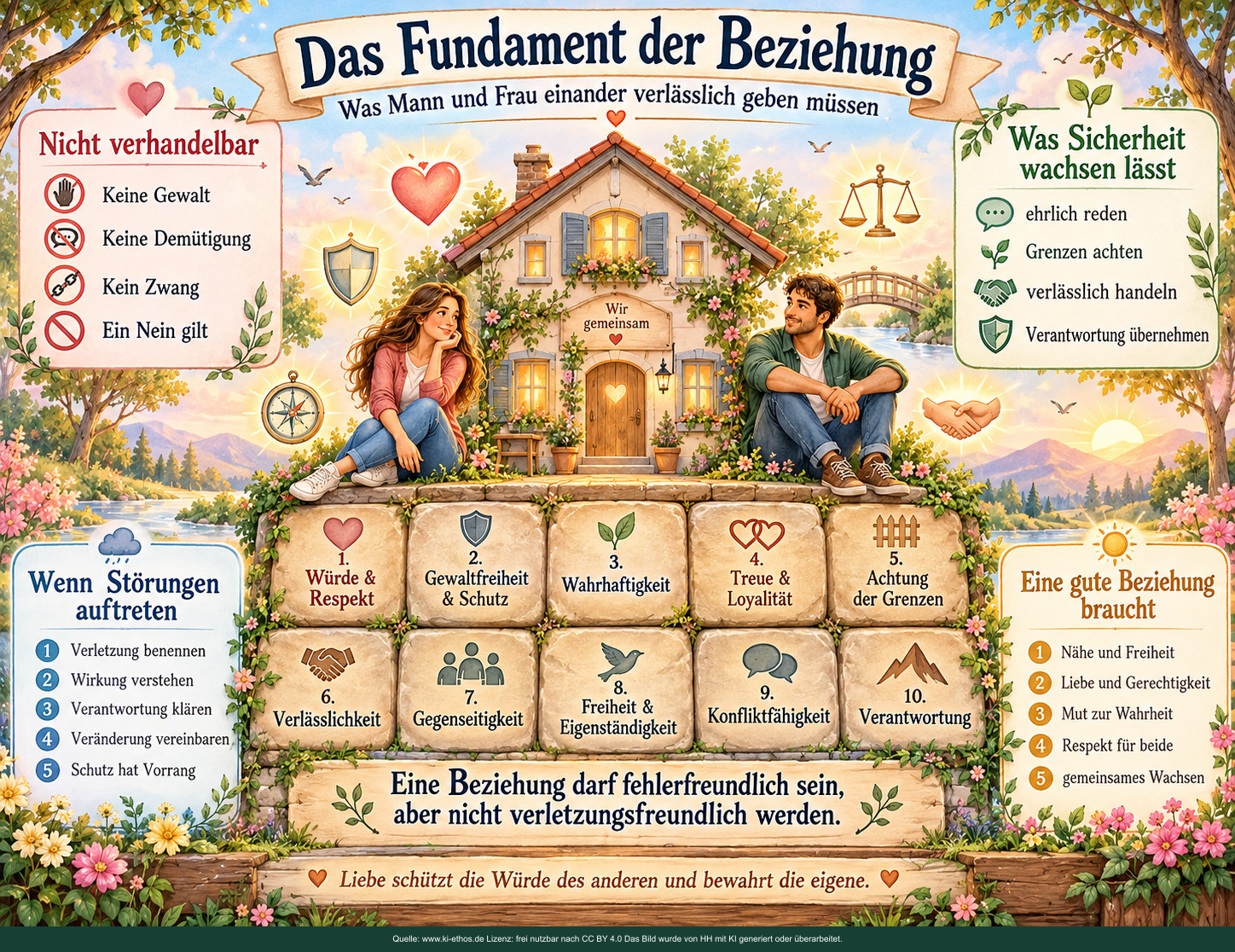 Ein Paar vor einem lichtvollen Haus. Zehn beschriftete Fundamentsteine bilden die Grundlage; Seitenfelder zeigen nicht verhandelbare Grenzen, Sicherheit und Klärung. Ein Paar vor einem lichtvollen Haus. Zehn beschriftete Fundamentsteine bilden die Grundlage; Seitenfelder zeigen nicht verhandelbare Grenzen, Sicherheit und Klärung.