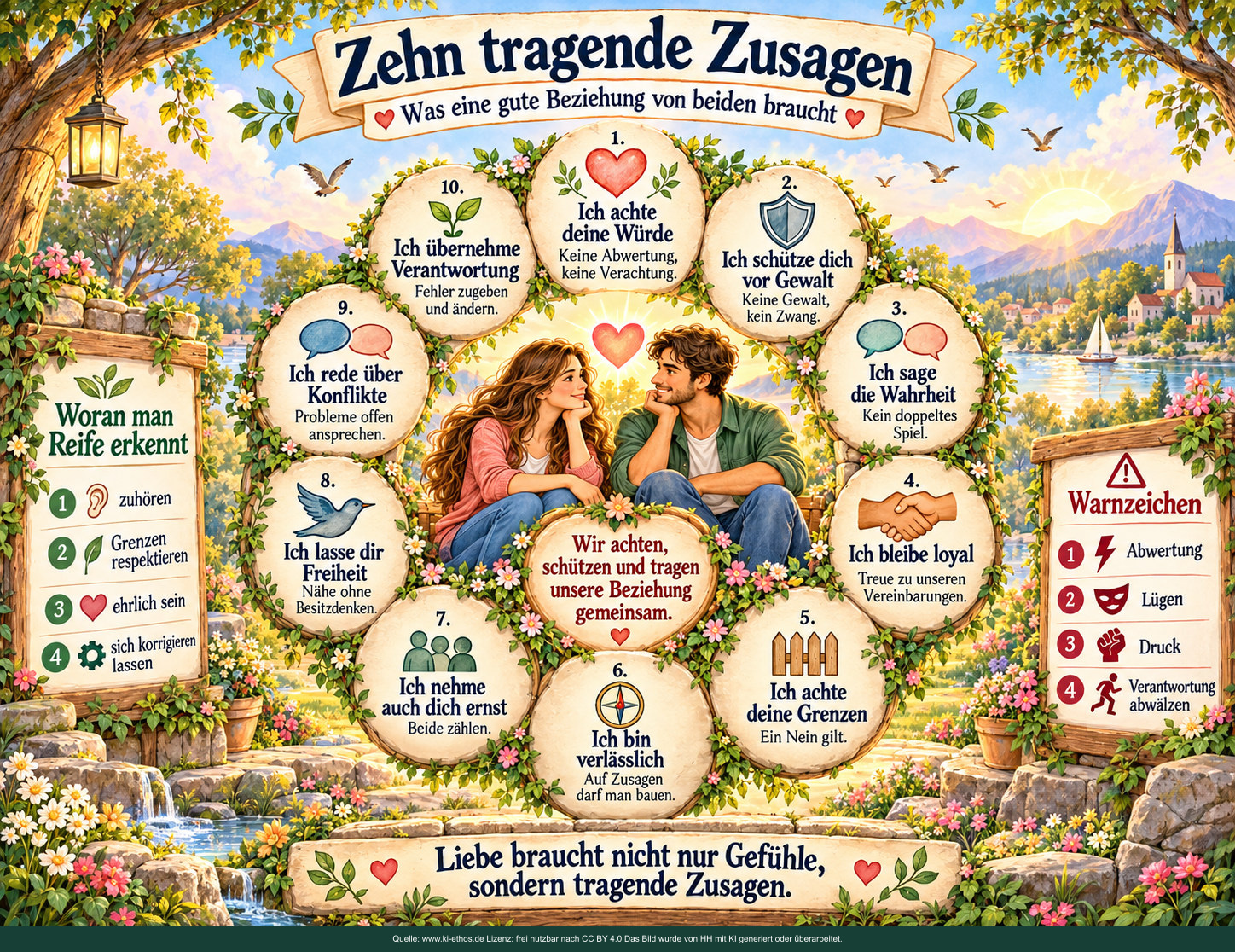 Die zehn gegenseitigen Beziehungszusagen umringen ein Paar; seitlich stehen Merkmale persönlicher Reife und Warnzeichen. Die zehn gegenseitigen Beziehungszusagen umringen ein Paar; seitlich stehen Merkmale persönlicher Reife und Warnzeichen.