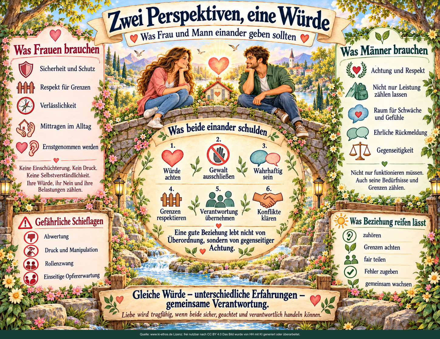 Zwei Perspektiven werden gleichberechtigt um eine Brücke dargestellt; gemeinsame Pflichten stehen in der Mitte, Bedürfnisse und Risiken außen. Zwei Perspektiven werden gleichberechtigt um eine Brücke dargestellt; gemeinsame Pflichten stehen in der Mitte, Bedürfnisse und Risiken außen.