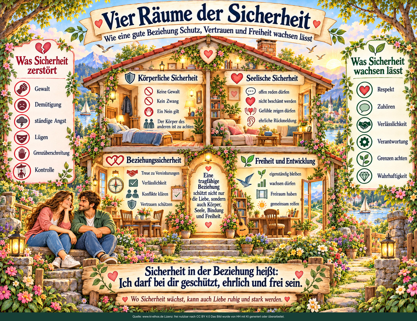 Ein viergeteiltes, offenes Haus zeigt körperliche und seelische Sicherheit, Beziehungssicherheit und persönliche Entwicklung; Warn- und Schutzfaktoren an den Seiten. Ein viergeteiltes, offenes Haus zeigt körperliche und seelische Sicherheit, Beziehungssicherheit und persönliche Entwicklung; Warn- und Schutzfaktoren an den Seiten.