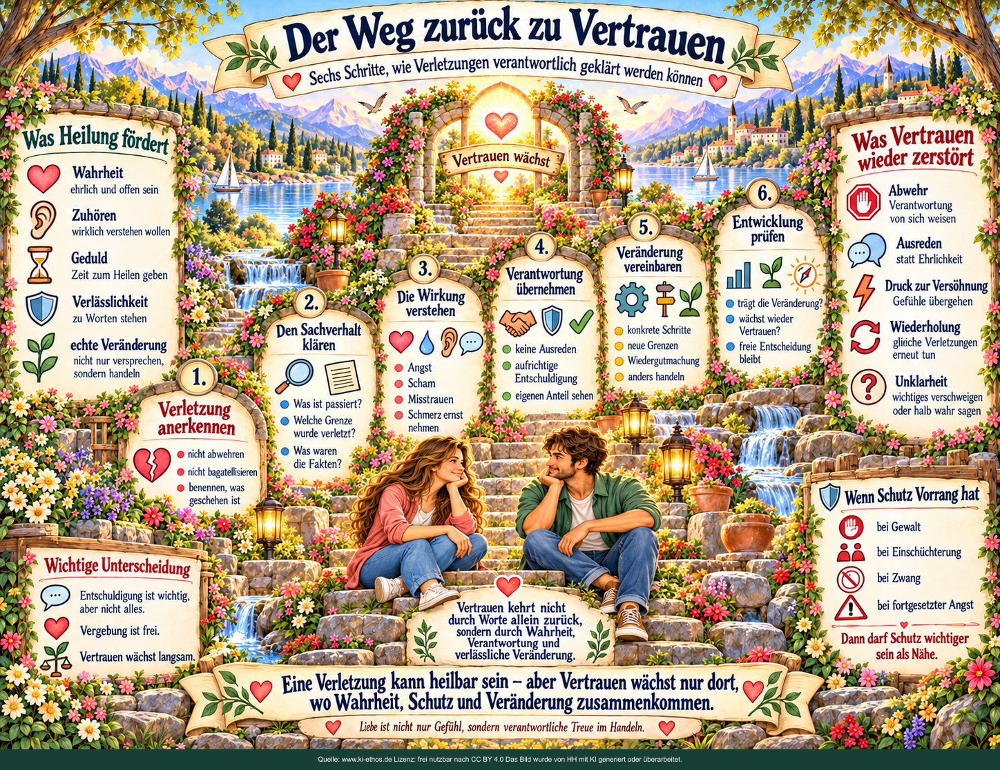 Sechs beschriftete Stationen entlang eines aufsteigenden Gartenwegs: Anerkennung, Sachklärung, Wirkung, Verantwortung, Änderung und Prüfung. Sechs beschriftete Stationen entlang eines aufsteigenden Gartenwegs: Anerkennung, Sachklärung, Wirkung, Verantwortung, Änderung und Prüfung.
