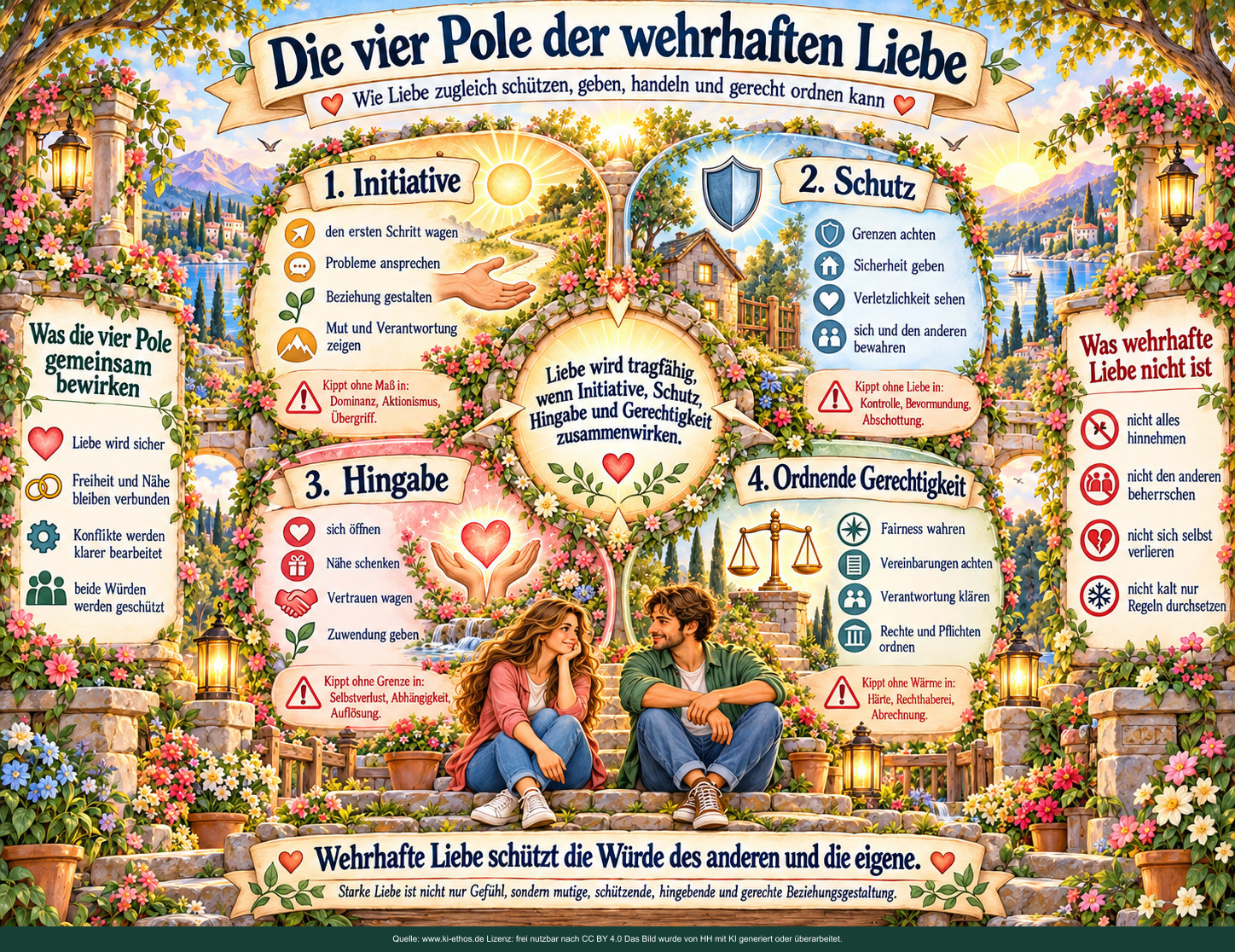 Vier symbolische Bereiche um ein leuchtendes Zentrum: Initiative, Schutz, Hingabe und ordnende Gerechtigkeit mit positiven und übersteigerten Formen. Vier symbolische Bereiche um ein leuchtendes Zentrum: Initiative, Schutz, Hingabe und ordnende Gerechtigkeit mit positiven und übersteigerten Formen.