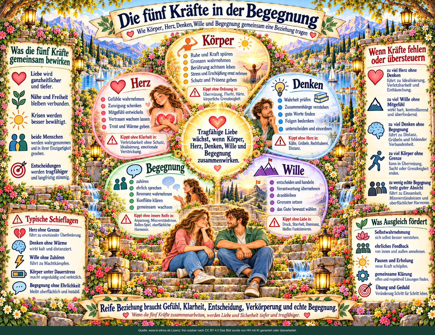Fünf miteinander verbundene Felder um ein Herz: Körper, Herz, Denken, Wille und Begegnung. Hinzu kommen Warnungen vor Einseitigkeiten. Fünf miteinander verbundene Felder um ein Herz: Körper, Herz, Denken, Wille und Begegnung. Hinzu kommen Warnungen vor Einseitigkeiten.