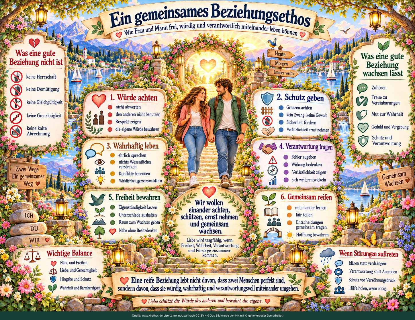 Frau und Mann gehen auf einem gemeinsamen, hellen Weg. Sechs Zusagen zu Würde, Schutz, Wahrheit, Verantwortung, Freiheit und Entwicklung fassen die Reihe zusammen. Frau und Mann gehen auf einem gemeinsamen, hellen Weg. Sechs Zusagen zu Würde, Schutz, Wahrheit, Verantwortung, Freiheit und Entwicklung fassen die Reihe zusammen.
