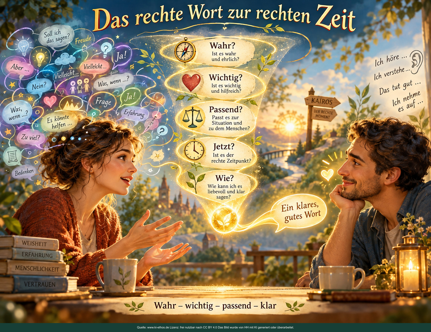 Zwei Menschen im Gespräch: links eine sprechende Frau mit vielen Gedankenblasen, rechts ein zuhörender Mann. Dazwischen stehen Wahr? Wichtig? Passend? Jetzt? Wie? sowie der Wegweiser Kairos – der rechte Moment. Zwei Menschen im Gespräch: links eine sprechende Frau mit vielen Gedankenblasen, rechts ein zuhörender Mann. Dazwischen stehen Wahr? Wichtig? Passend? Jetzt? Wie? sowie der Wegweiser Kairos – der rechte Moment.