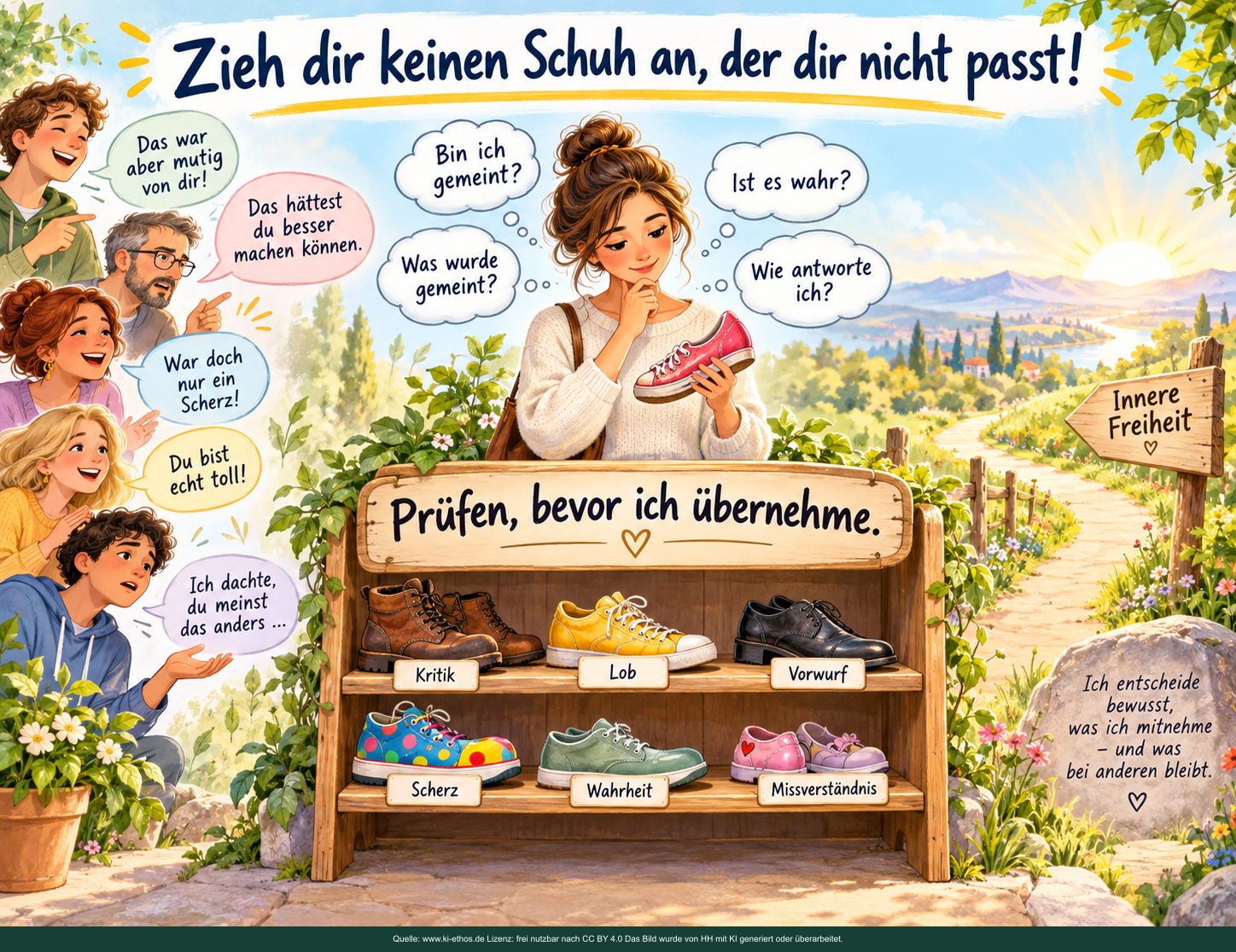 Die Schuhprobe: Zwischen Wort und Selbstbild liegt die Freiheit der Prüfung. Eine Frau betrachtet einen roten Schuh, während mehrere Menschen Lob, Kritik, einen Vorwurf oder die Erklärung „War doch nur ein Scherz“ äußern.