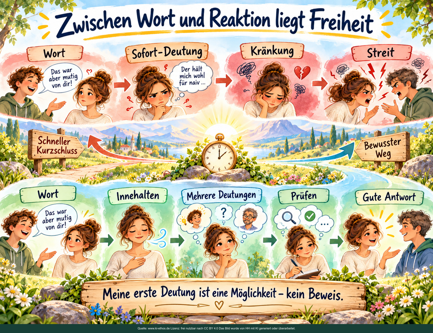 Vom Wort zur Reaktion: Die erste Deutung ist noch nicht die Wahrheit. Oben führt die Beispielreihe von Wort über Sofort-Deutung und Kränkung zum Streit.
