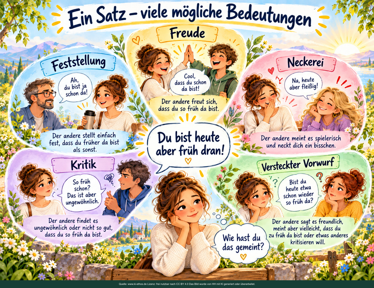 Fünf Deutungen – ein Satz: Mehrdeutigkeit aushalten, bevor wir urteilen. Um den Satz „Du bist heute aber früh dran!“ stehen fünf Szenen: Feststellung, Freude, Neckerei, Kritik und versteckter Vorwurf.