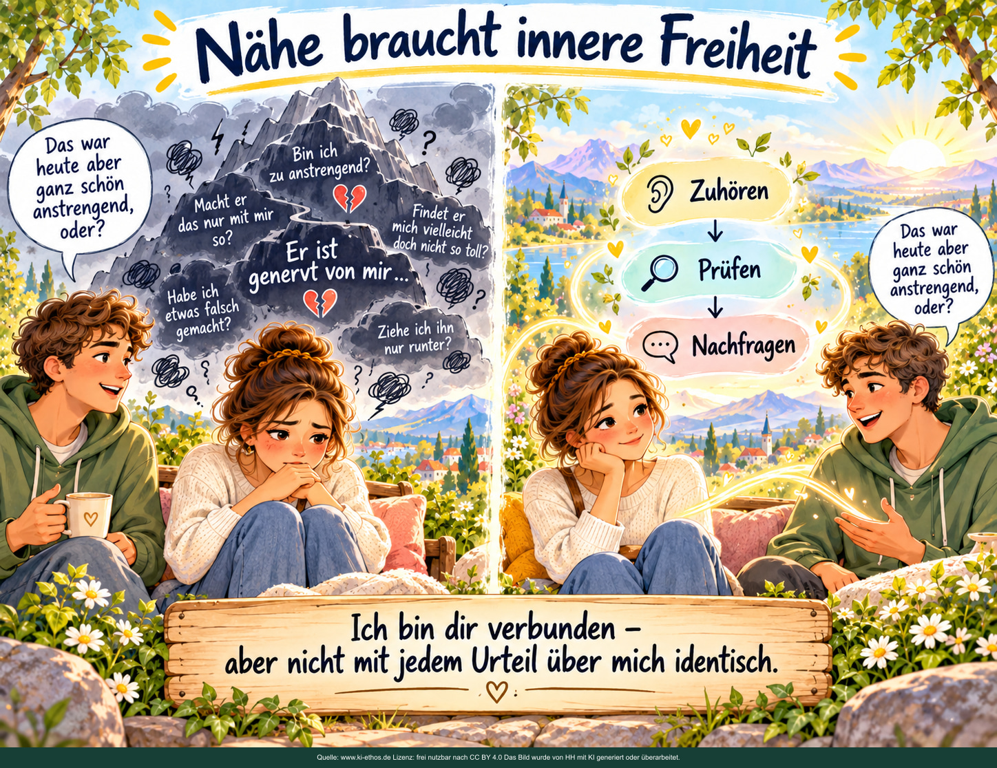 Nähe, die frei lässt: Liebende Menschen sind verbunden, aber nicht mit den Urteilen des anderen identisch. Links erscheint der Satz „Das war heute aber ganz schön anstrengend, oder?“ neben dunklen Bergen und beunruhigten Gedanken.
