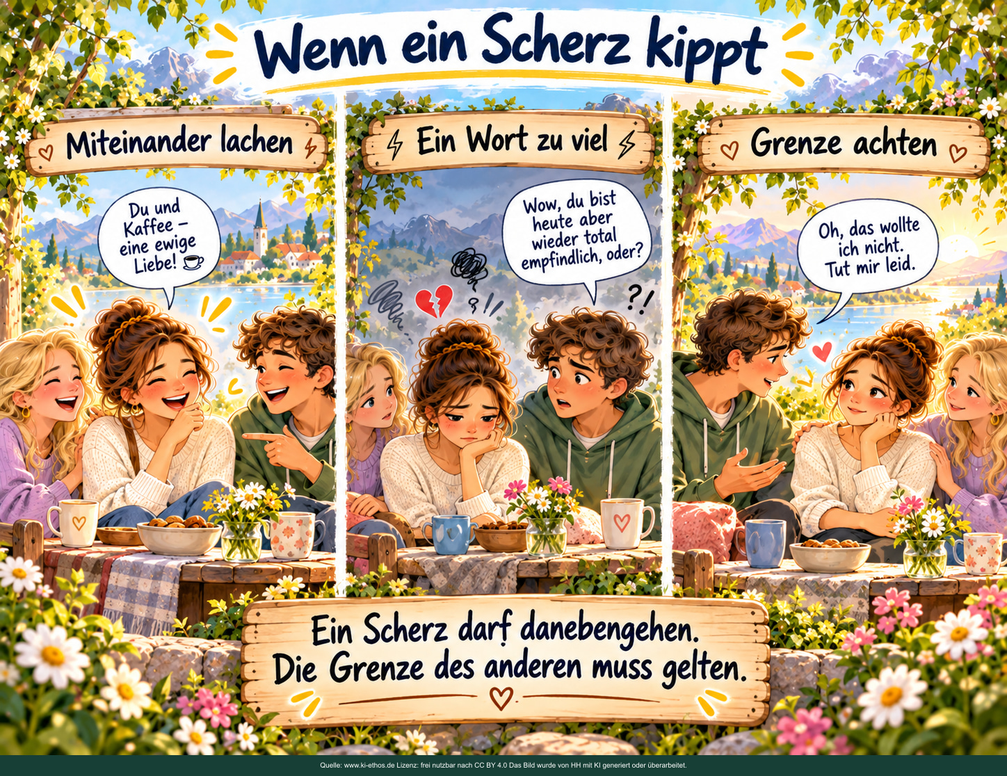 Wenn ein Scherz kippt: Leichtigkeit und Grenzen gehören zusammen. Drei Szenen zeigen gemeinsames Lachen, einen verletzenden Kommentar über Empfindlichkeit und eine Entschuldigung.