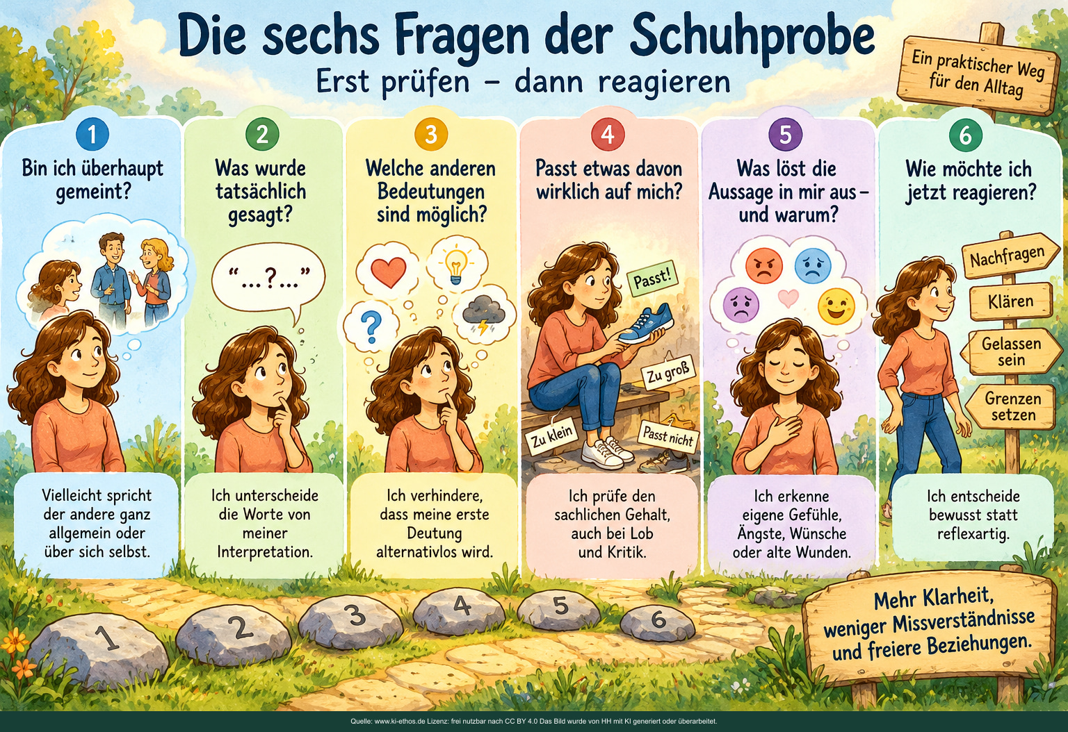 Die sechs Fragen der Schuhprobe: Ein alltagstauglicher Prüfweg für mehr innere Freiheit. Sechs farbige Spalten fragen: Bin ich überhaupt gemeint? Was wurde tatsächlich gesagt? Welche anderen Bedeutungen sind möglich? Passt etwas davon wirklich auf mich? Was löst die Aussage in mir aus und warum? Wie möchte ich jetzt reagieren? Wegweiser nennen Nachfragen, Klären, Gelassensein und Grenzen setzen.