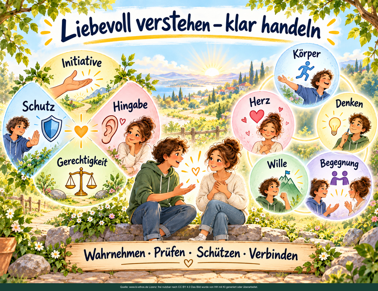 Liebevoll und klar reagieren: Die vier Pole der Liebe und die fünf Kräfte in einer Begegnung. Links stehen Initiative, Schutz, Hingabe und Gerechtigkeit um ein Herz.