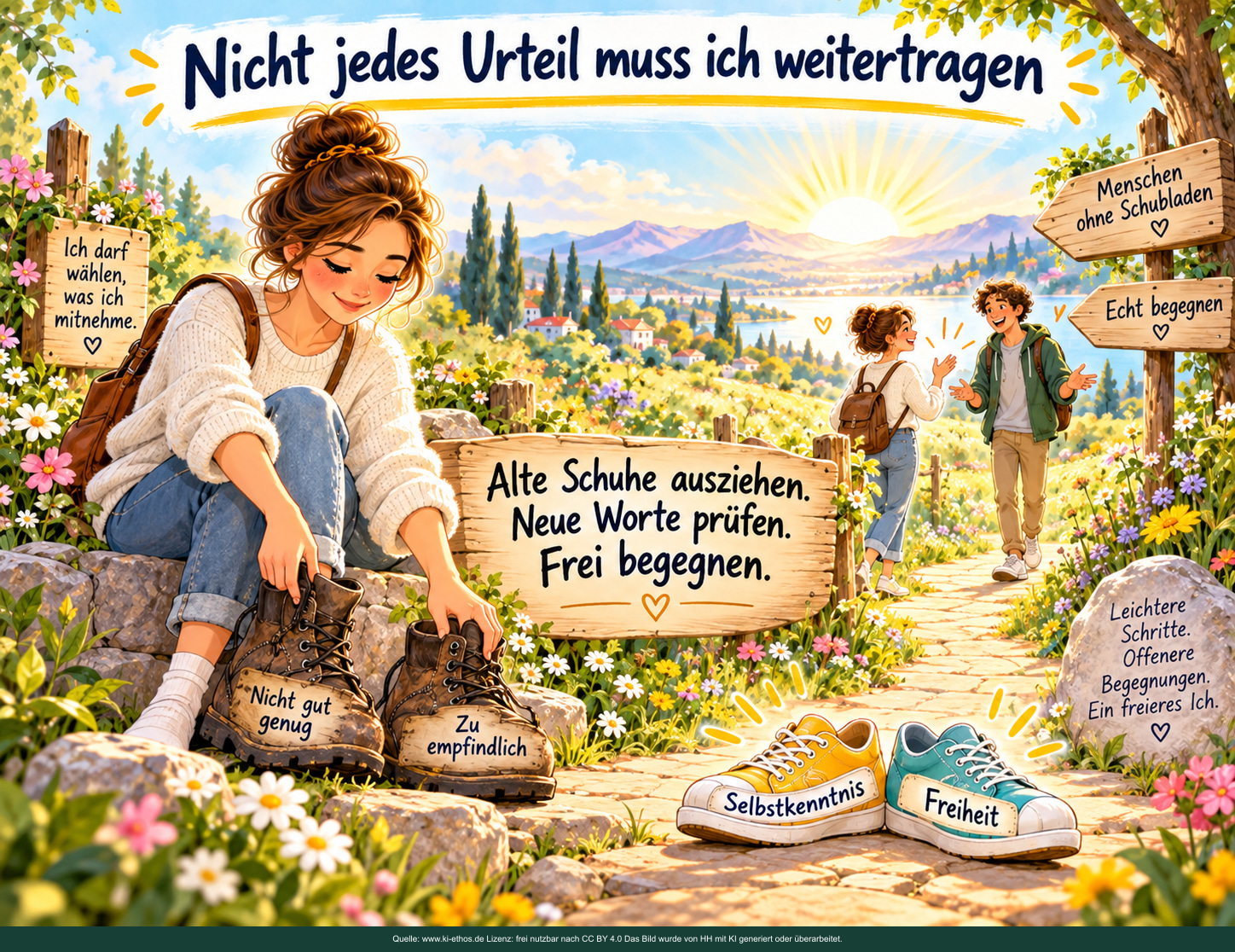 Alte Schuhe ausziehen: Sich von übernommenen Urteilen lösen und offen bleiben für die Wirklichkeit. Eine Frau zieht alte Stiefel mit den Aufschriften „Nicht gut genug“ und „Zu empfindlich“ aus.
