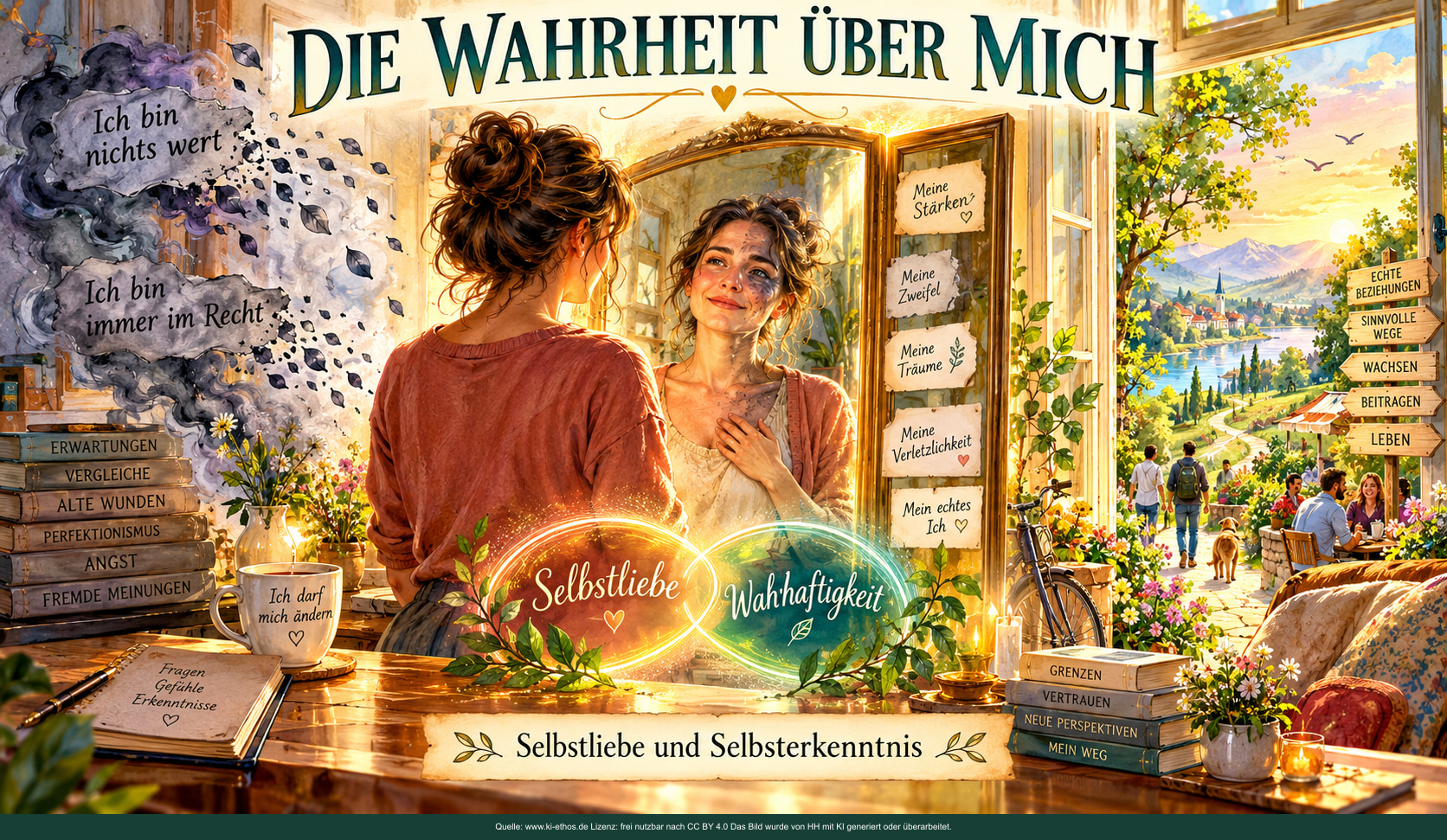 Eine Frau betrachtet sich in einem Spiegel. Links lösen sich abwertende und überhöhte Selbstbilder auf; rechts öffnet sich der Blick in eine freundliche Landschaft. Eine Frau betrachtet sich in einem Spiegel. Links lösen sich abwertende und überhöhte Selbstbilder auf; rechts öffnet sich der Blick in eine freundliche Landschaft.