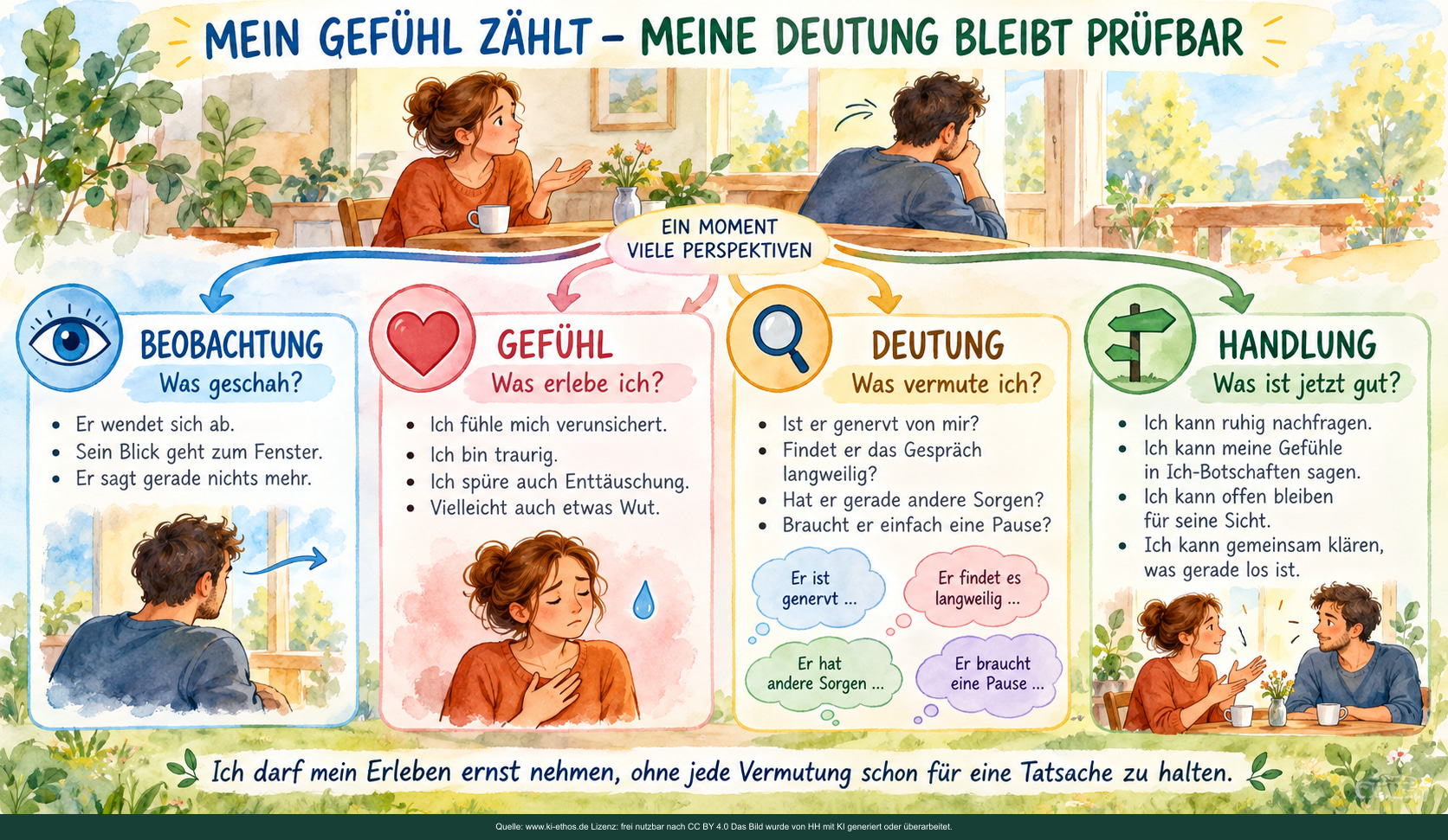 Aus einer Gesprächsszene führen vier Pfeile in die Felder Beobachtung, Gefühl, Deutung und Handlung; jedes Feld enthält passende Fragen und kleine Beispiele. Aus einer Gesprächsszene führen vier Pfeile in die Felder Beobachtung, Gefühl, Deutung und Handlung; jedes Feld enthält passende Fragen und kleine Beispiele.