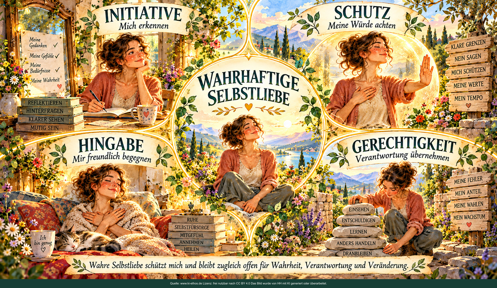 In der Mitte sitzt eine Frau unter dem Titel „Wahrhaftige Selbstliebe“. Vier Felder zeigen Initiative, Schutz, Hingabe und Gerechtigkeit als einander ergänzende Haltungen. In der Mitte sitzt eine Frau unter dem Titel „Wahrhaftige Selbstliebe“. Vier Felder zeigen Initiative, Schutz, Hingabe und Gerechtigkeit als einander ergänzende Haltungen.