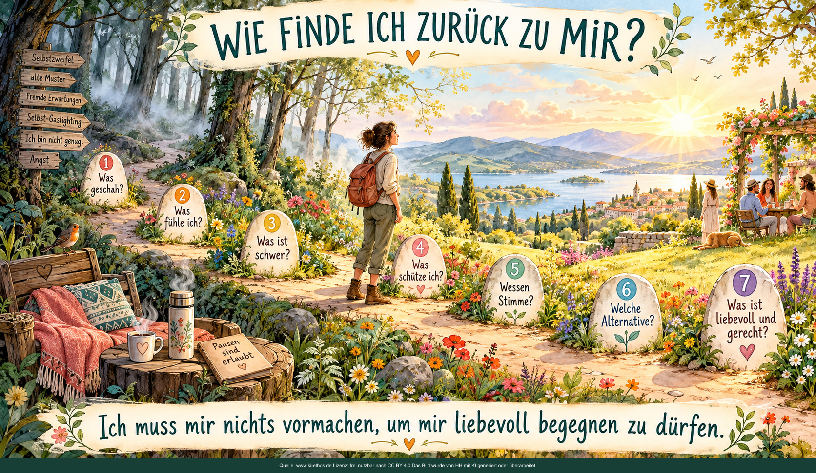 Ein Weg führt aus nebligem Wald in sonnige Weite. Sieben nummerierte Wegsteine stellen Fragen zu Wahrnehmung, Gefühlen, Bedürfnissen, fremden Stimmen und gerechtem Handeln. Ein Weg führt aus nebligem Wald in sonnige Weite. Sieben nummerierte Wegsteine stellen Fragen zu Wahrnehmung, Gefühlen, Bedürfnissen, fremden Stimmen und gerechtem Handeln.