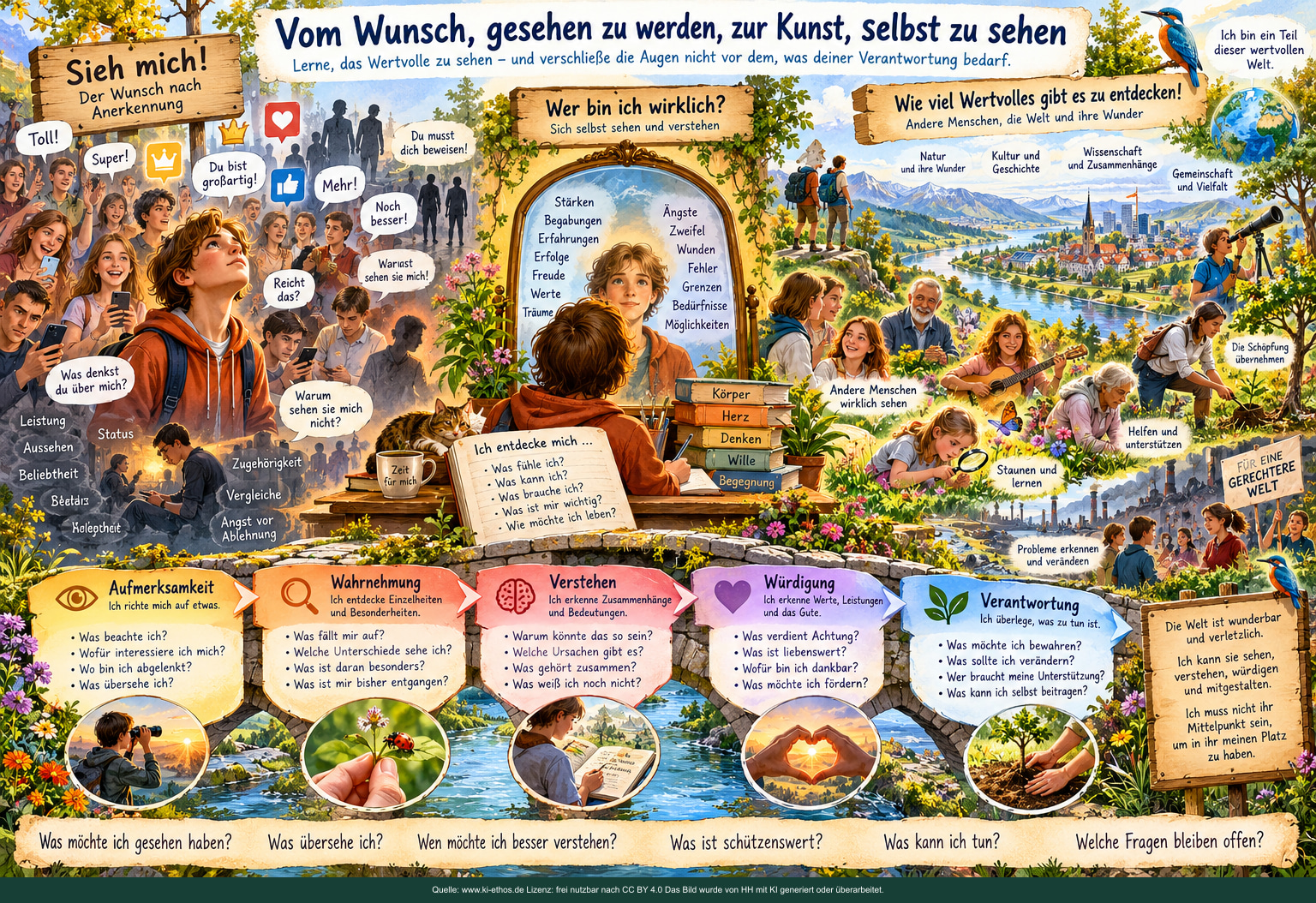 Eine Collage führt von Applaus und Bestätigung über Selbstprüfung zum Wahrnehmen anderer Menschen, der Natur und gemeinsamer Verantwortung. Eine Collage führt von Applaus und Bestätigung über Selbstprüfung zum Wahrnehmen anderer Menschen, der Natur und gemeinsamer Verantwortung.