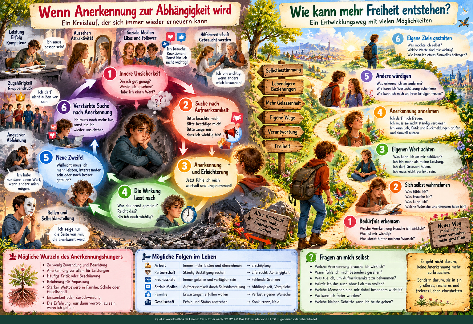 Links ein Kreislauf aus Zweifel, Aufmerksamkeitssuche und kurzer Erleichterung; rechts mögliche Wege zu Selbstachtung, eigenen Zielen und gegenseitiger Anerkennung. Links ein Kreislauf aus Zweifel, Aufmerksamkeitssuche und kurzer Erleichterung; rechts mögliche Wege zu Selbstachtung, eigenen Zielen und gegenseitiger Anerkennung.