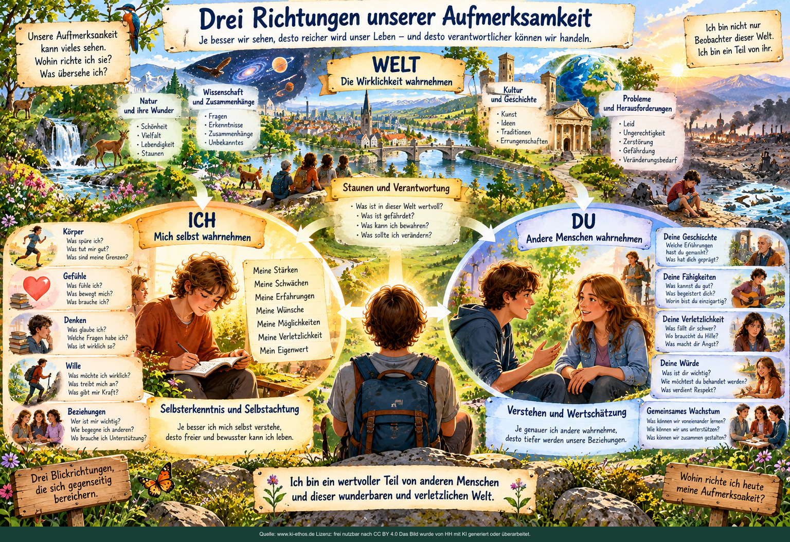 Drei verbundene Landschaften stehen für Ich, Du und Welt: eigene Kräfte, die Geschichte und Würde anderer sowie Natur, Kultur und gemeinsame Probleme. Drei verbundene Landschaften stehen für Ich, Du und Welt: eigene Kräfte, die Geschichte und Würde anderer sowie Natur, Kultur und gemeinsame Probleme.
