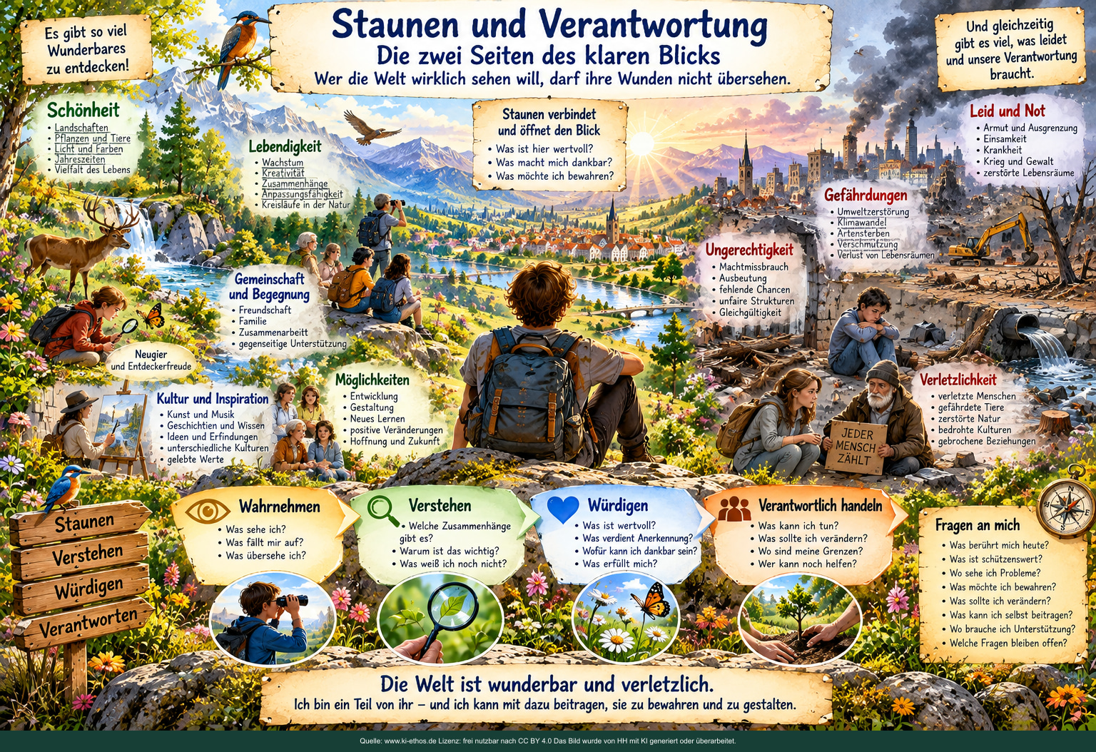 Eine Person blickt auf Natur und Gemeinschaft, zugleich auf Umweltzerstörung, Not und Ungerechtigkeit. Im Vordergrund verbinden Fragen Staunen und Verantwortung. Eine Person blickt auf Natur und Gemeinschaft, zugleich auf Umweltzerstörung, Not und Ungerechtigkeit. Im Vordergrund verbinden Fragen Staunen und Verantwortung.