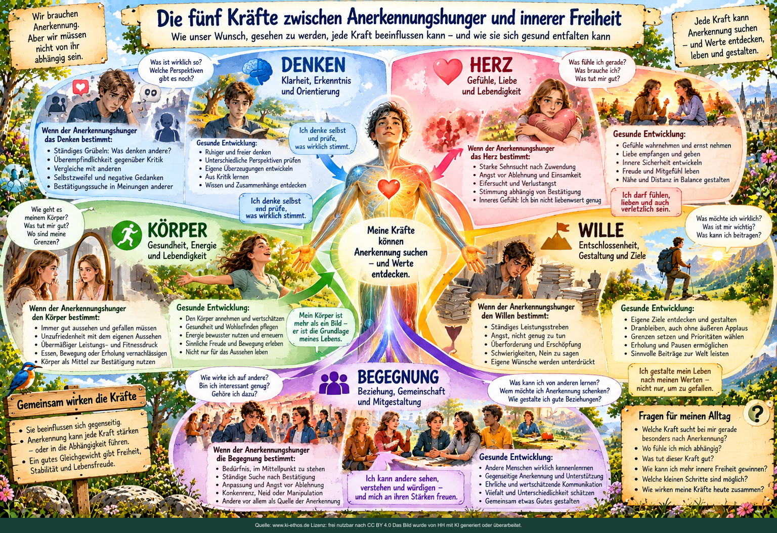 Fünf farbige Bereiche zeigen Denken, Herz, Körper, Wille und Begegnung: jeweils mögliche Abhängigkeit von Bestätigung und eine freiere Entwicklung. Fünf farbige Bereiche zeigen Denken, Herz, Körper, Wille und Begegnung: jeweils mögliche Abhängigkeit von Bestätigung und eine freiere Entwicklung.