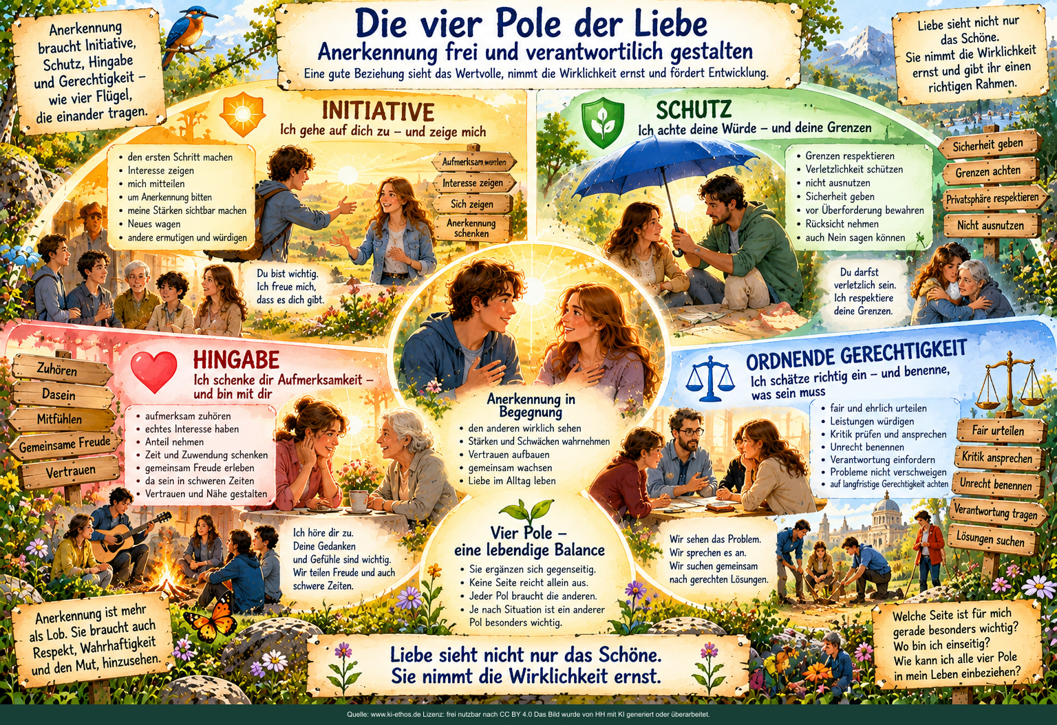 Vier Felder zeigen Initiative, Schutz, Hingabe und ordnende Gerechtigkeit. In der Mitte steht Anerkennung in einer Begegnung; die Pole sollen sich gegenseitig ergänzen. Vier Felder zeigen Initiative, Schutz, Hingabe und ordnende Gerechtigkeit. In der Mitte steht Anerkennung in einer Begegnung; die Pole sollen sich gegenseitig ergänzen.