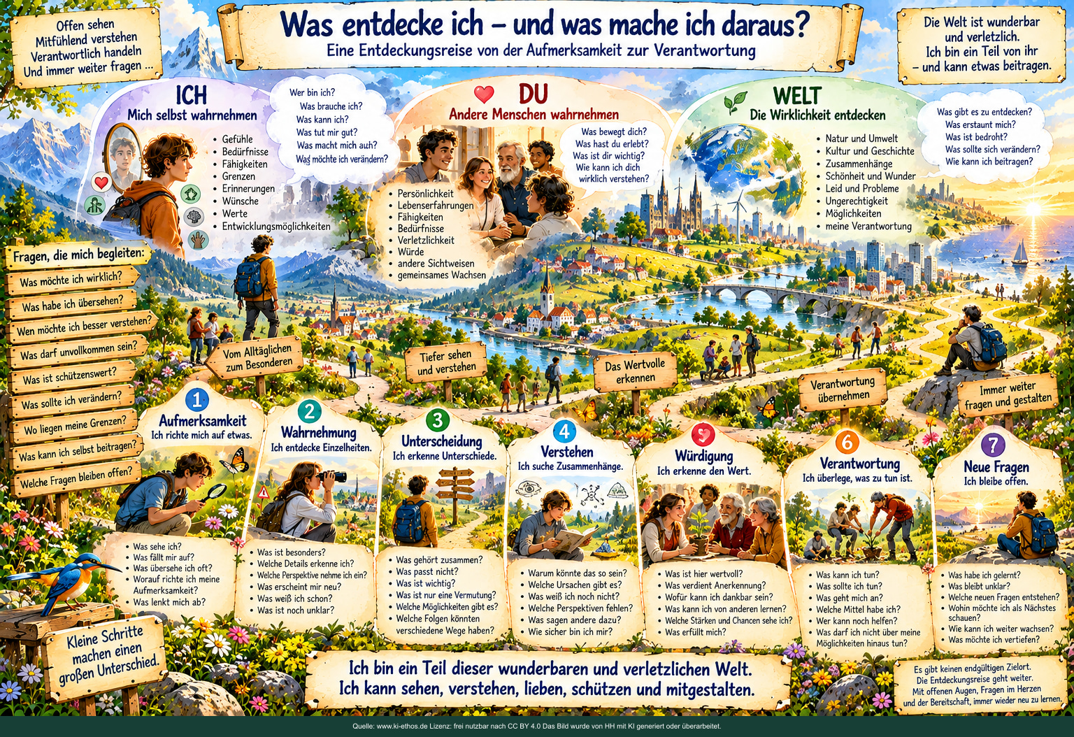 Ein offener Weg verbindet Aufmerksamkeit, Wahrnehmung, Unterscheidung, Verstehen, Würdigung, Verantwortung und neue Fragen vor dem Horizont von Ich, Du und Welt. Ein offener Weg verbindet Aufmerksamkeit, Wahrnehmung, Unterscheidung, Verstehen, Würdigung, Verantwortung und neue Fragen vor dem Horizont von Ich, Du und Welt.