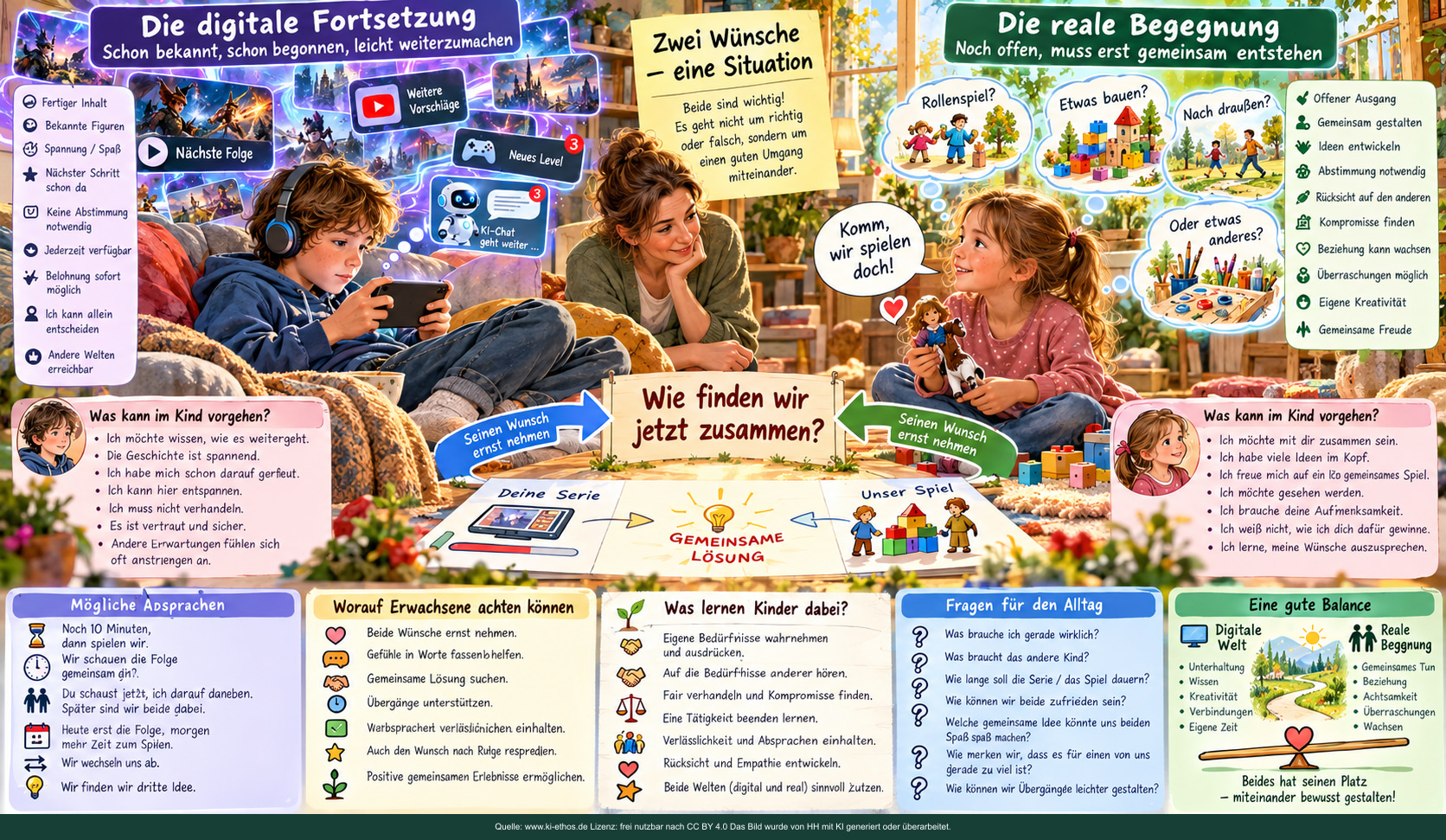 Ein Kind schaut eine Serie, das andere will gemeinsam spielen; eine Erwachsene begleitet die Suche nach einer Vereinbarung. Ein Kind schaut eine Serie, das andere will gemeinsam spielen; eine Erwachsene begleitet die Suche nach einer Vereinbarung.
