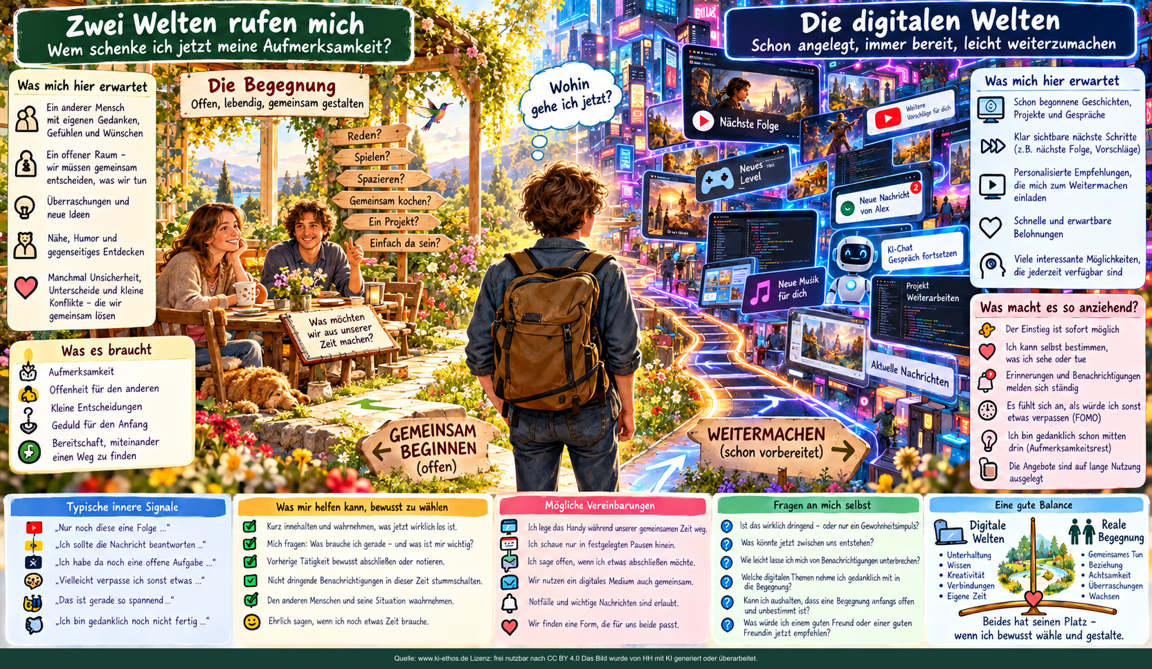 Eine Person steht zwischen einem offenen Begegnungsgarten und einer neonhellen Stadt aus digitalen Fortsetzungen. Eine Person steht zwischen einem offenen Begegnungsgarten und einer neonhellen Stadt aus digitalen Fortsetzungen.