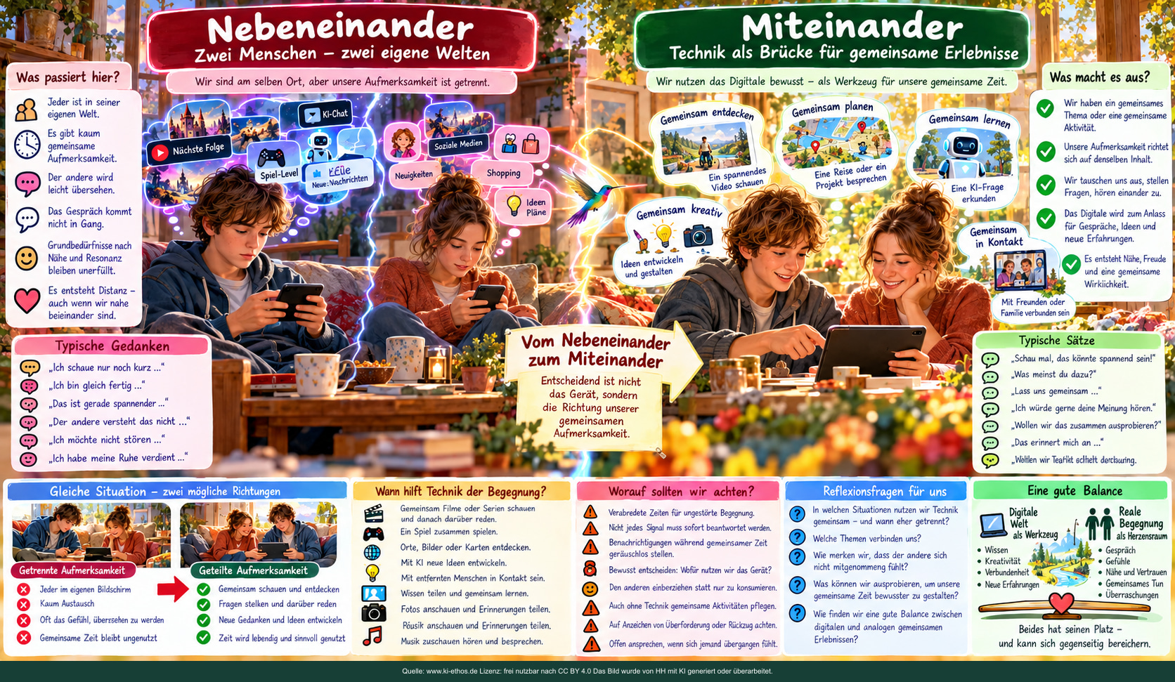 Links zwei getrennte Smartphone-Welten, rechts ein geteiltes digitales Erlebnis und lebendiger Austausch. Links zwei getrennte Smartphone-Welten, rechts ein geteiltes digitales Erlebnis und lebendiger Austausch.