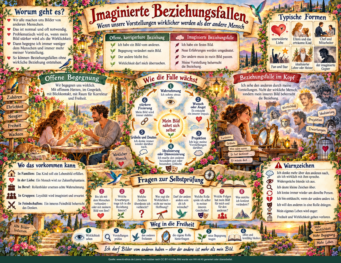 Bild 1: Imaginierte Beziehungsfallen – Bilder und Begegnung. Übersicht über offene Begegnung, innere Wunschbilder, festgelegte Rollen und mögliche Wege zur Freiheit. Bild 1: Imaginierte Beziehungsfallen – Bilder und Begegnung. Übersicht über offene Begegnung, innere Wunschbilder, festgelegte Rollen und mögliche Wege zur Freiheit.