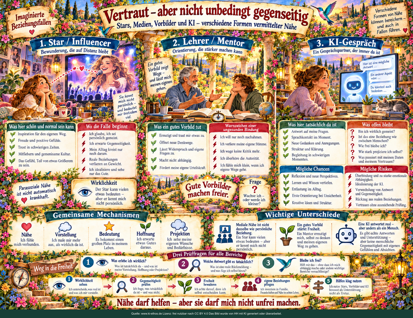 Bild 5: Vertraut – aber nicht unbedingt gegenseitig. Eine Gegenüberstellung von parasozialer Nähe zu Stars, förderlichen Mentorenbeziehungen und KI-Gesprächen mit dem Blick auf tatsächliche Gegenseitigkeit. Bild 5: Vertraut – aber nicht unbedingt gegenseitig. Eine Gegenüberstellung von parasozialer Nähe zu Stars, förderlichen Mentorenbeziehungen und KI-Gesprächen mit dem Blick auf tatsächliche Gegenseitigkeit.