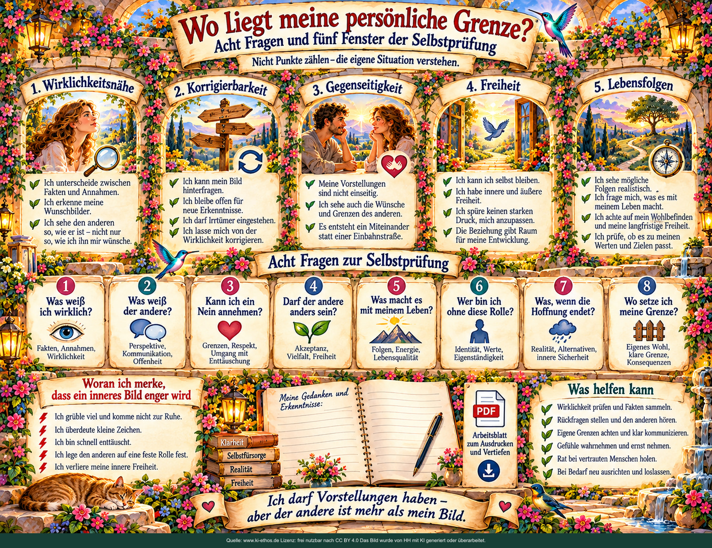 Bild 7: Wo liegt meine persönliche Grenze? Ein Arbeitsblattplakat mit Wirklichkeitsnähe, Korrigierbarkeit, Gegenseitigkeit, Freiheit und Lebensfolgen sowie acht persönlichen Reflexionsfragen. Bild 7: Wo liegt meine persönliche Grenze? Ein Arbeitsblattplakat mit Wirklichkeitsnähe, Korrigierbarkeit, Gegenseitigkeit, Freiheit und Lebensfolgen sowie acht persönlichen Reflexionsfragen.