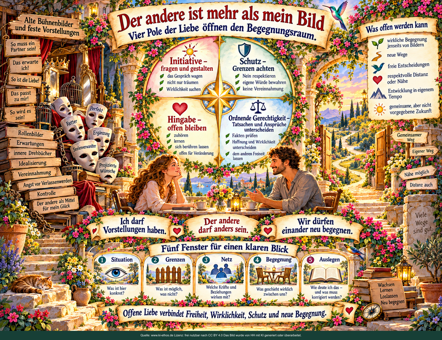 Bild 8: Der andere ist mehr als mein Bild. Ein offener Begegnungsraum und ein Kompass der Liebe zeigen Initiative, Schutz, Hingabe und ordnende Gerechtigkeit im Umgang mit inneren Bildern. Bild 8: Der andere ist mehr als mein Bild. Ein offener Begegnungsraum und ein Kompass der Liebe zeigen Initiative, Schutz, Hingabe und ordnende Gerechtigkeit im Umgang mit inneren Bildern.