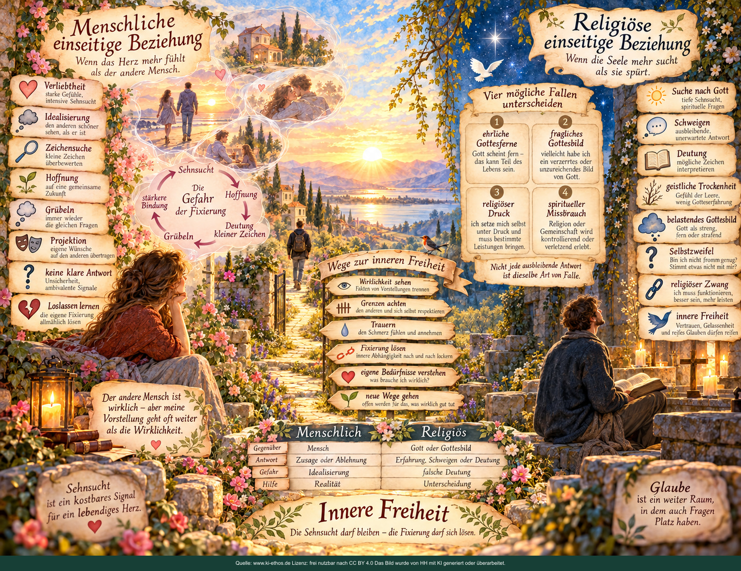 Zweiteilige Bildübersicht über unerwiderte menschliche Liebe, religiöse Suche und mögliche Wege zu innerer Freiheit. Zweiteilige Bildübersicht über unerwiderte menschliche Liebe, religiöse Suche und mögliche Wege zu innerer Freiheit.
