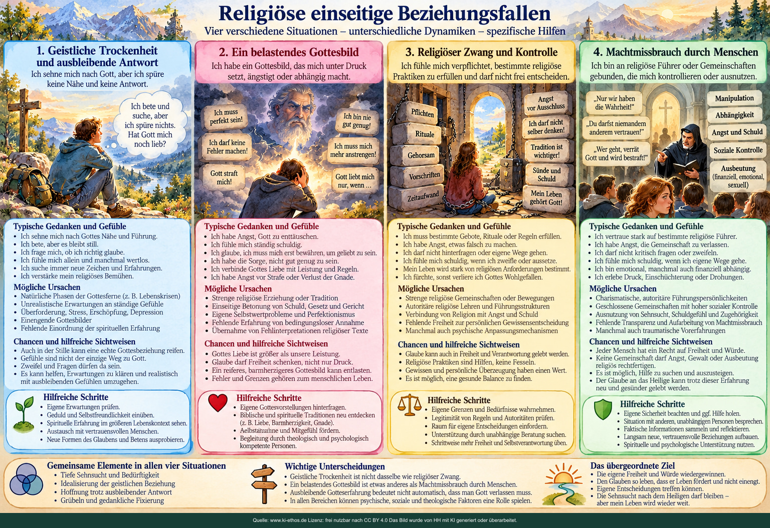 Vier getrennte Spalten schildern geistliche Trockenheit, ein belastendes Gottesbild, religiösen Zwang und Machtmissbrauch durch Menschen. Vier getrennte Spalten schildern geistliche Trockenheit, ein belastendes Gottesbild, religiösen Zwang und Machtmissbrauch durch Menschen.