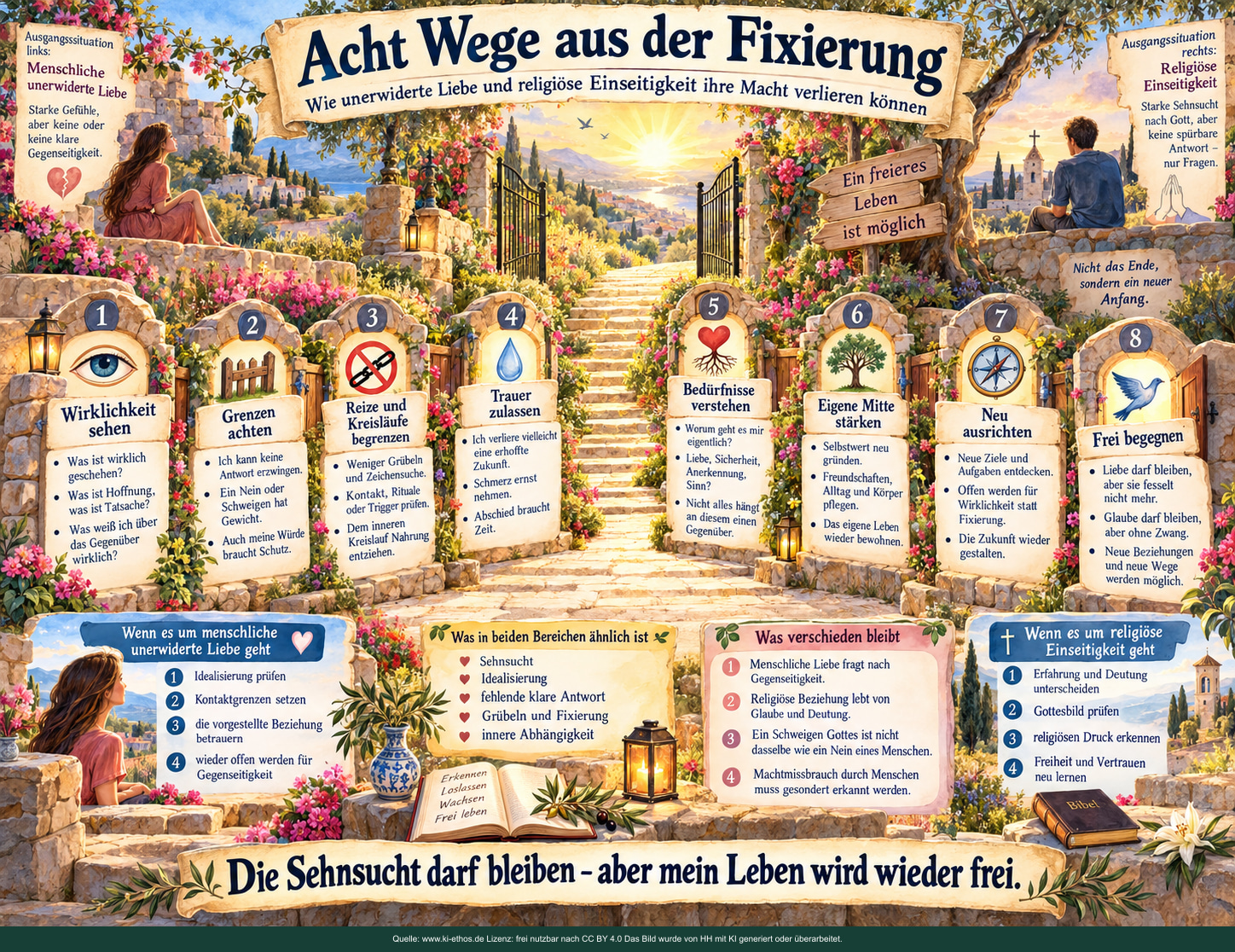 Acht steinerne Stationen führen von Wirklichkeit sehen und Grenzen achten über Trauern und Bedürfnisse verstehen zu neuer Selbstständigkeit. Acht steinerne Stationen führen von Wirklichkeit sehen und Grenzen achten über Trauern und Bedürfnisse verstehen zu neuer Selbstständigkeit.