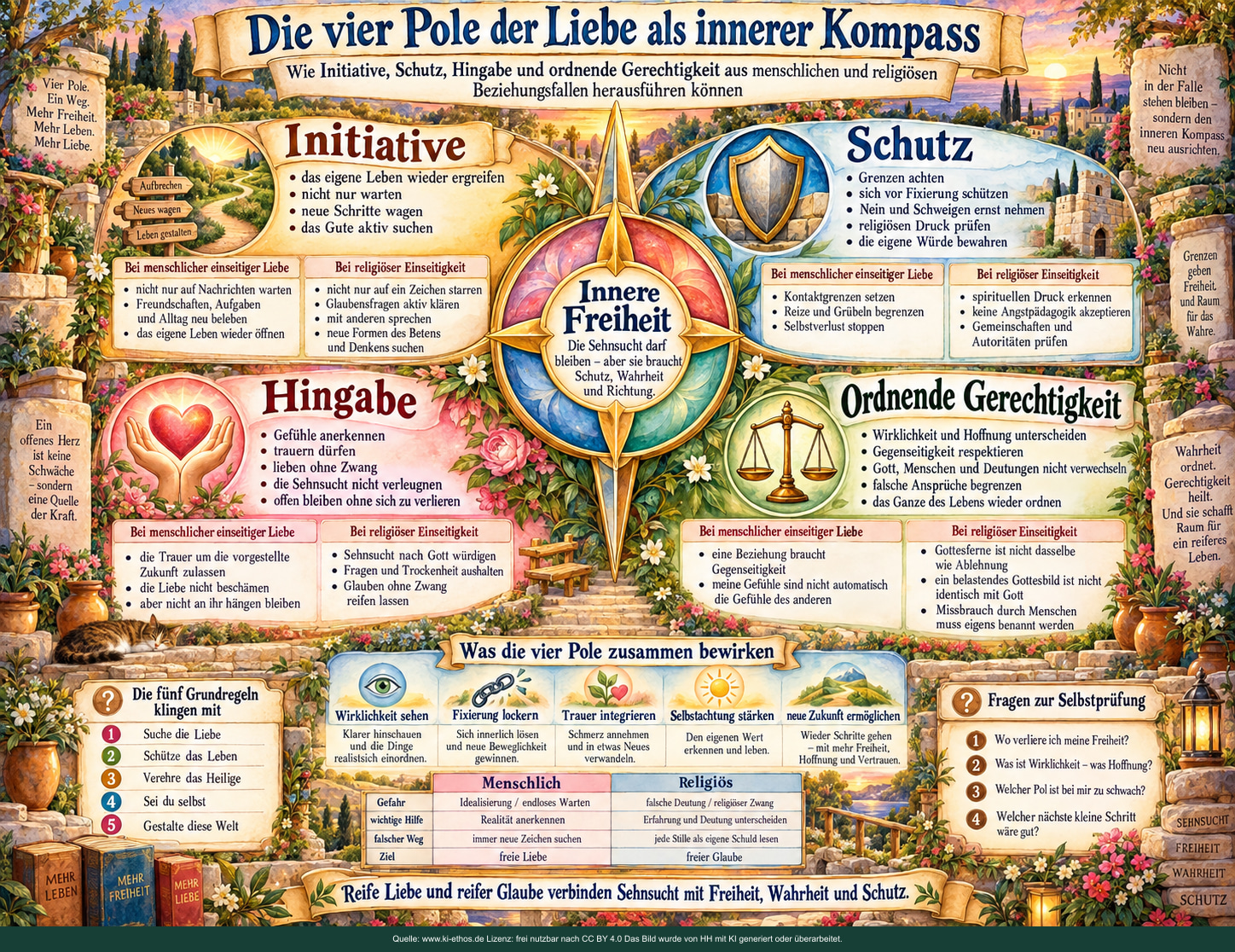Ein vierteiliger Kompass verbindet Initiative, Schutz, Hingabe und ordnende Gerechtigkeit mit Wegen zu innerer Freiheit. Ein vierteiliger Kompass verbindet Initiative, Schutz, Hingabe und ordnende Gerechtigkeit mit Wegen zu innerer Freiheit.